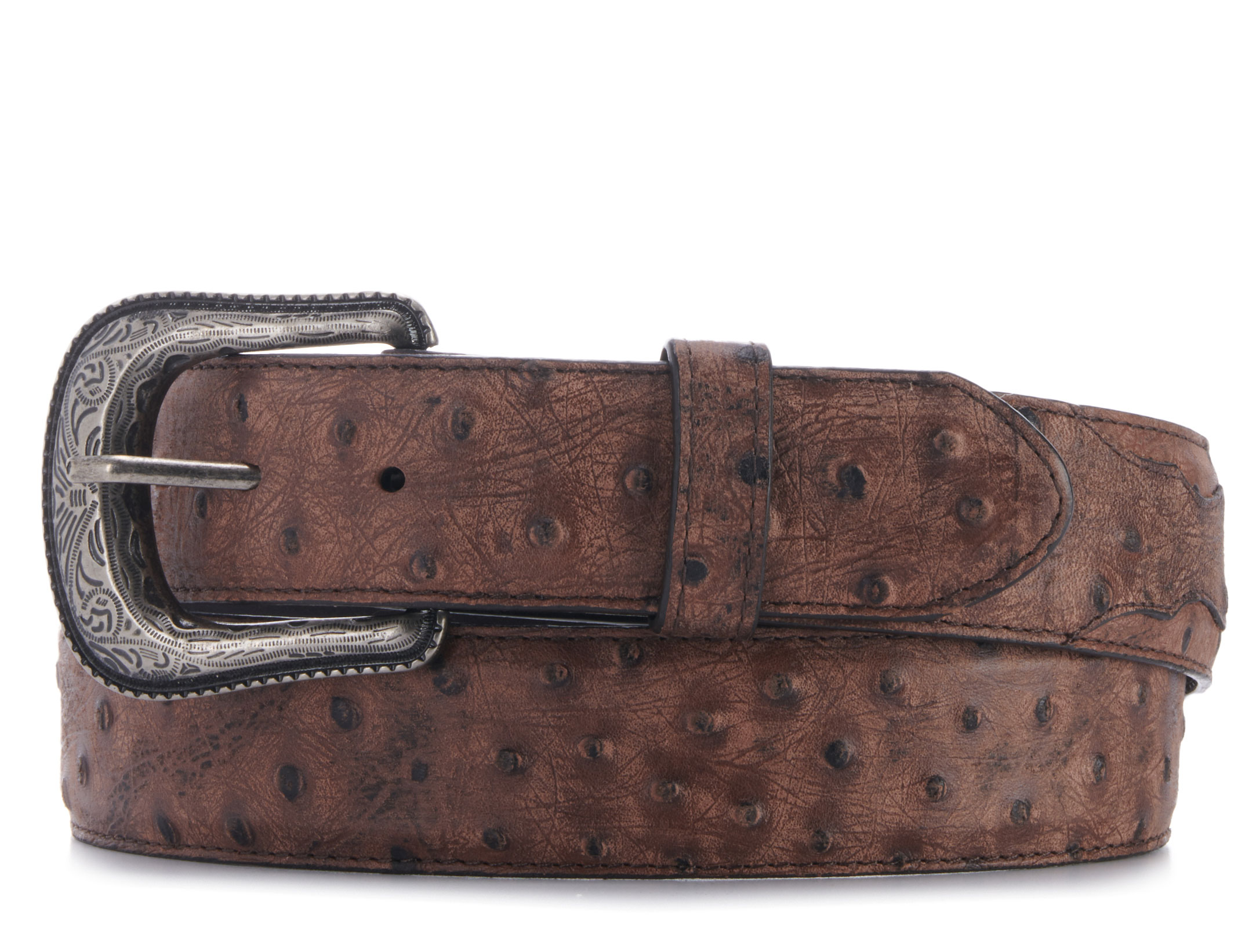 Cavender's Men's Chocolate Ostrich Print Western Belt - Image 1