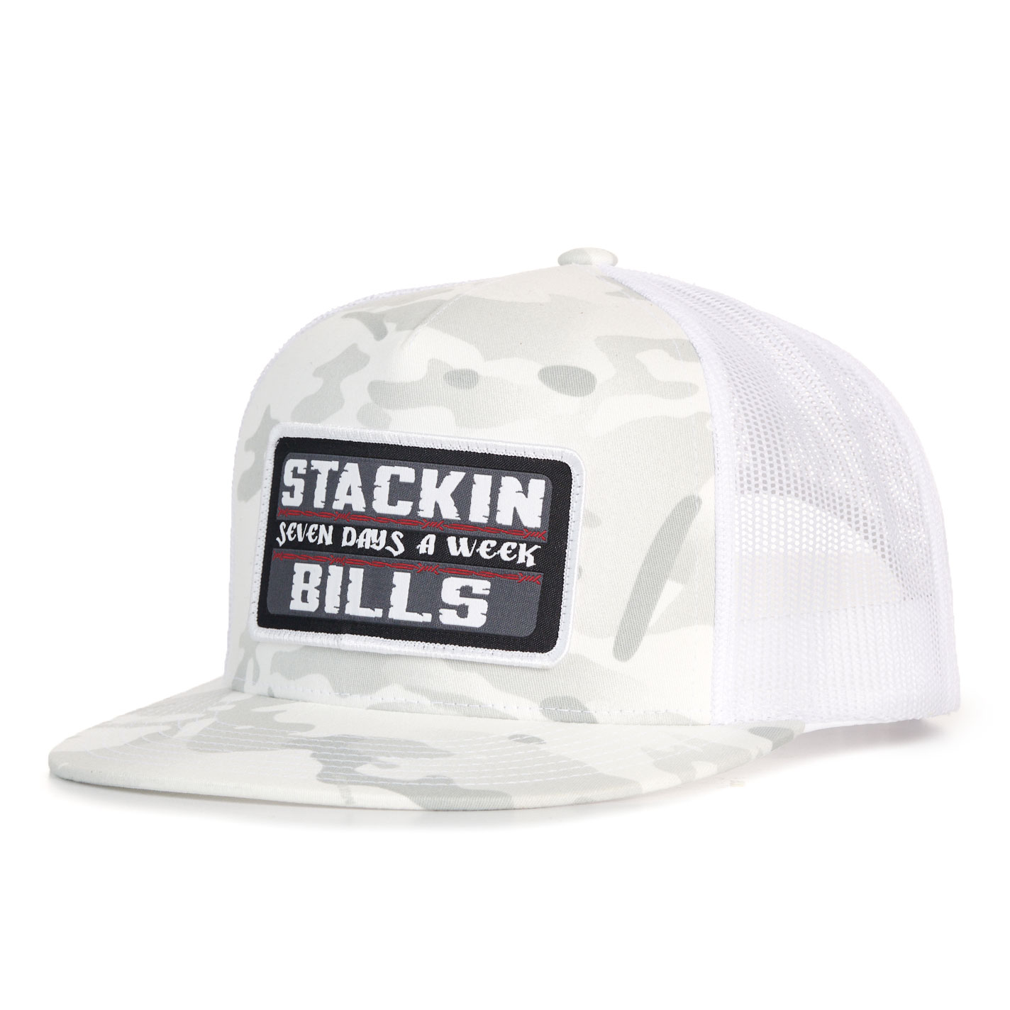 Stackin Bills 7 Days A Week White Camo & White 5 Panel Flat Bill Cap - Image 1