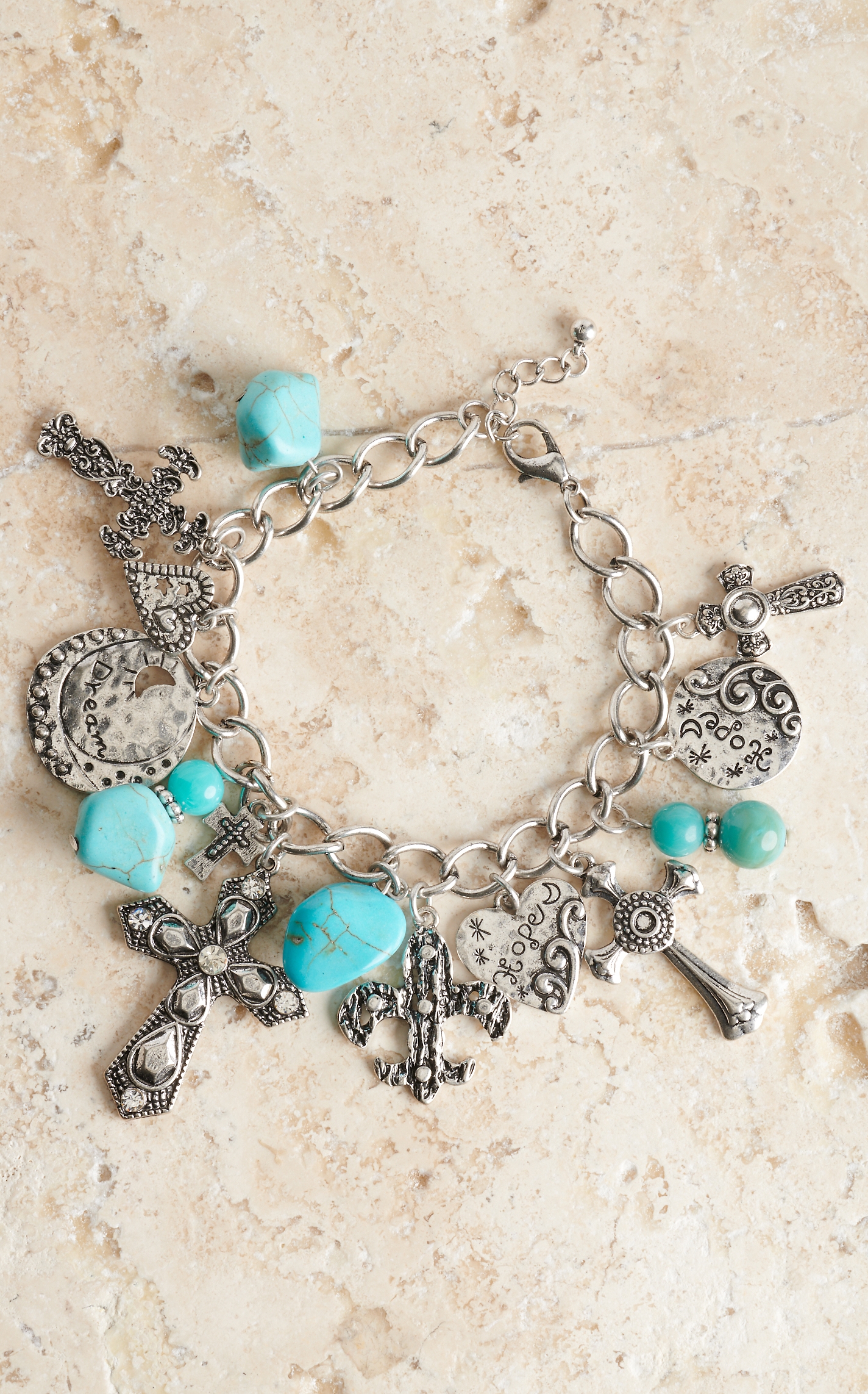 Blazin Roxx Silver Cross & Turquoise Bead Charm Bracelet - Image 1