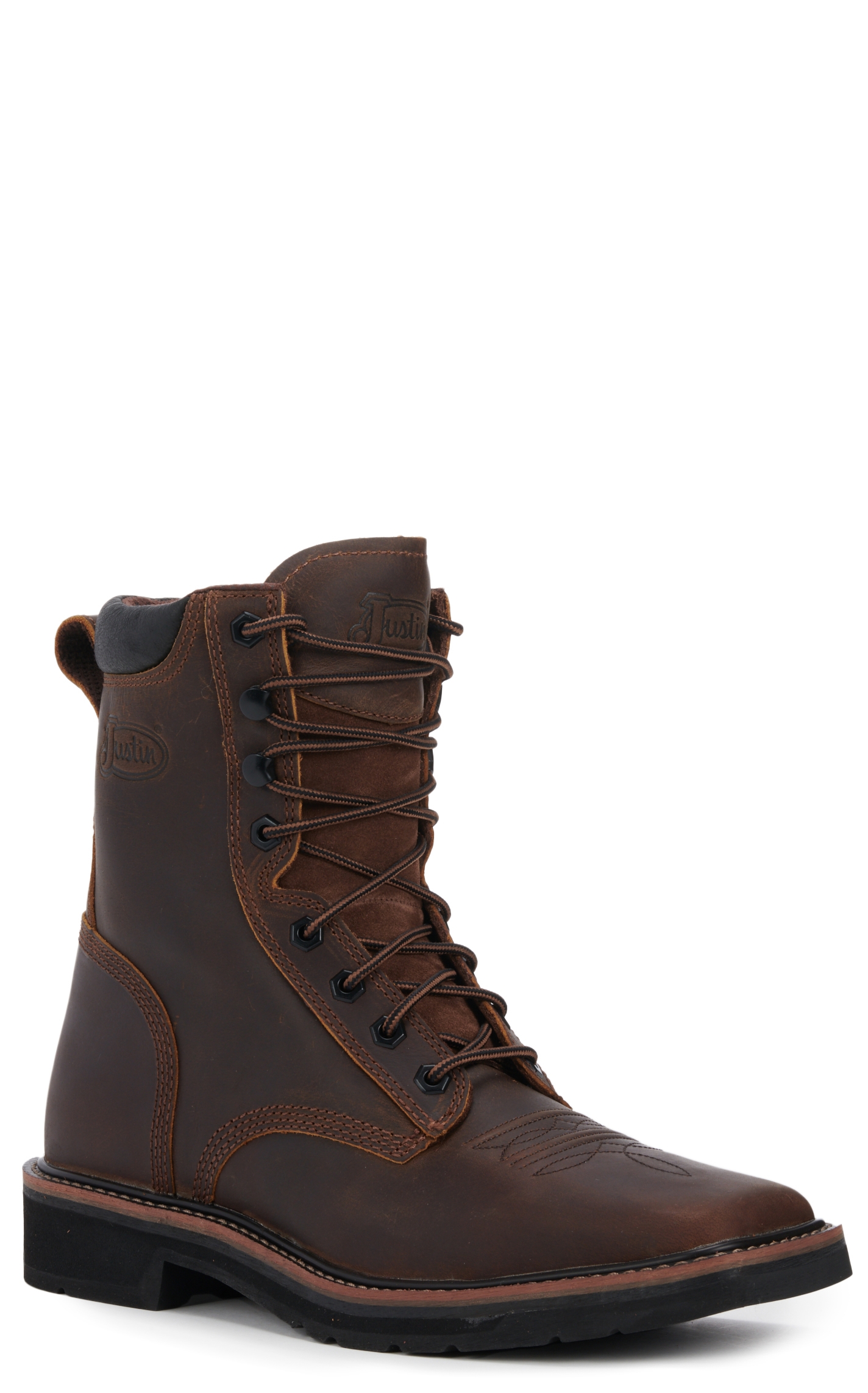 Justin Men's Stampede Pulley Rugged Brown Square Toe Lace Up Work Boot - Image 1
