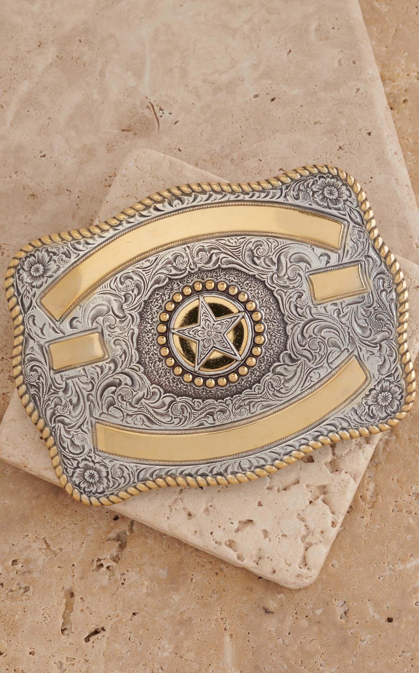 M & F Western Products Silver with Gold Ribbon Centered Texas Star Rectangle Belt Buckle - Image 1