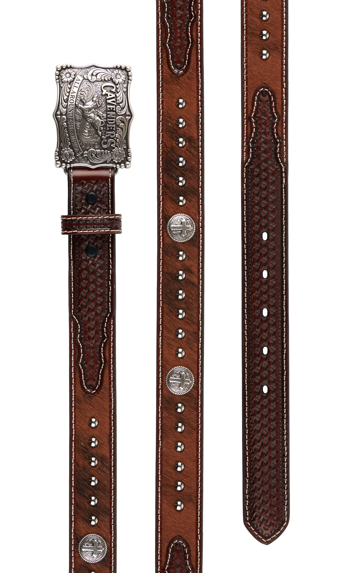 Cavender's Kid's Leather Hair on Hide Basketweave Overlay Silver Cross Champion Buckle on Western Belt - Image 1