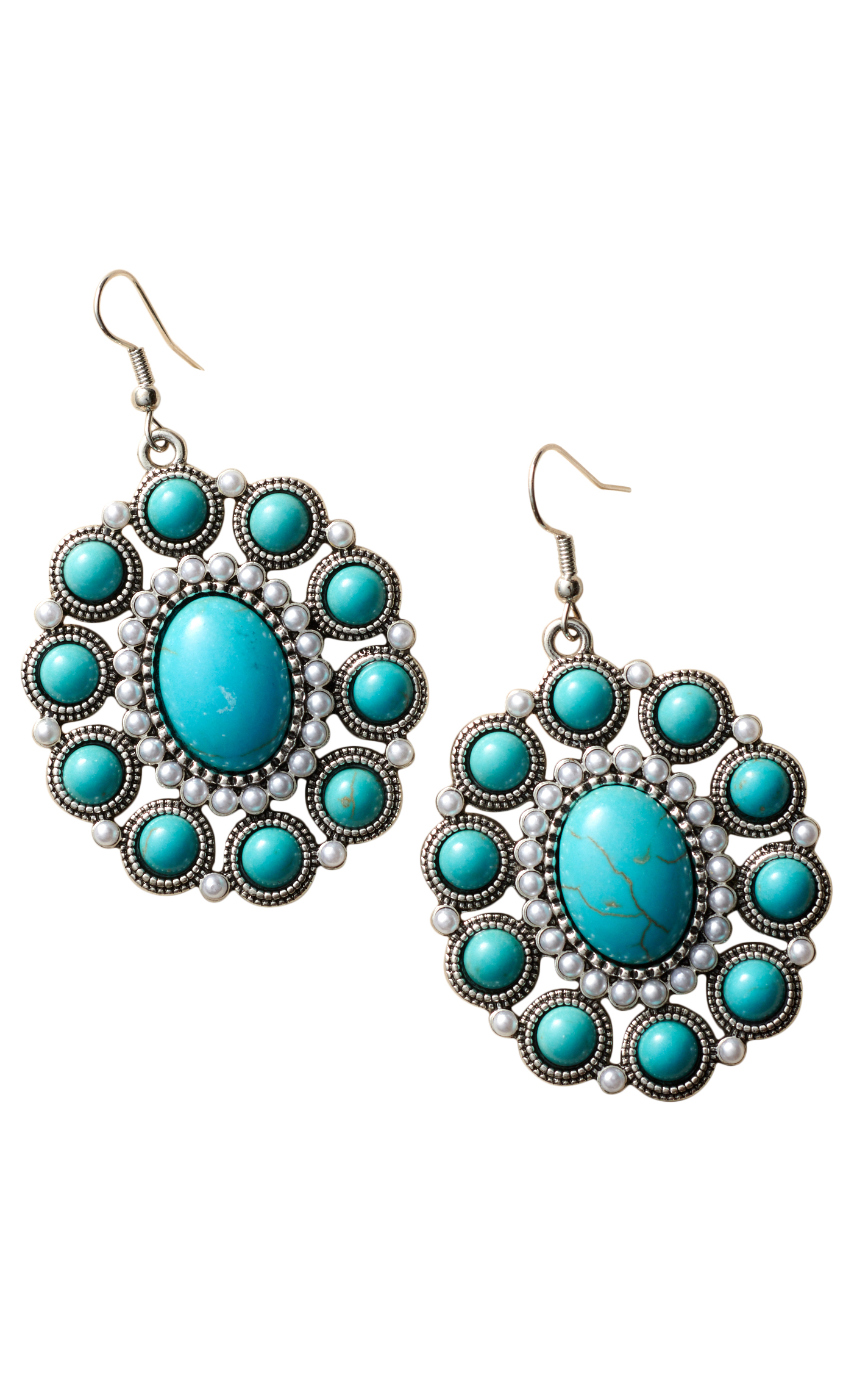 Southern Grace Silver & Turquoise Stone Tiny Pearl Concho Earrings - Image 1