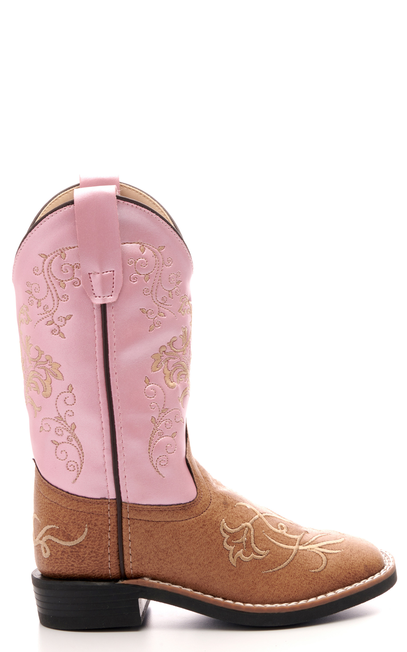 Old West Kids Tan and Pink Square Toe Cowboy Boots - Image 1