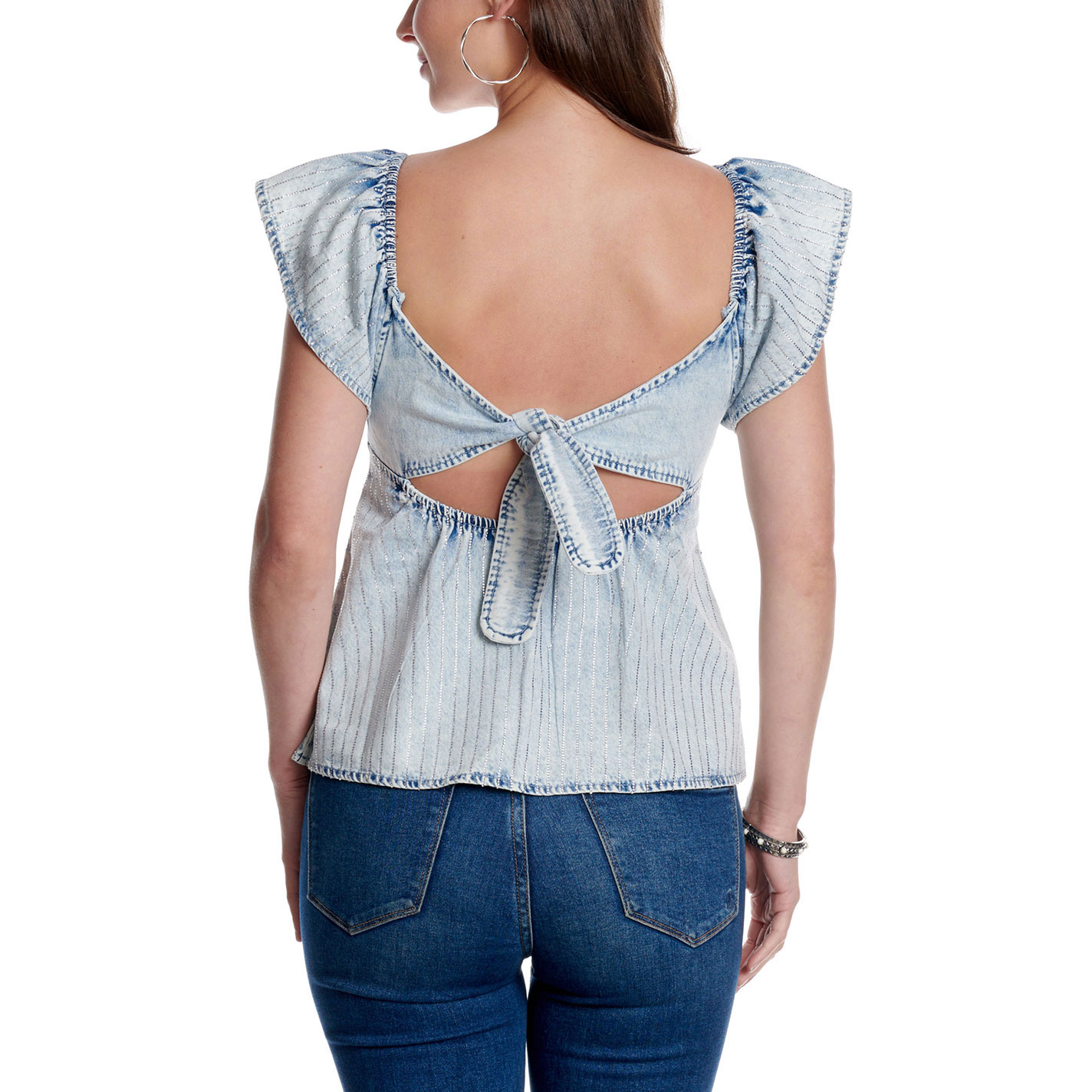 Blue B Women's Light Wash Denim Lurex Flutter Sleeve Top - Image 2