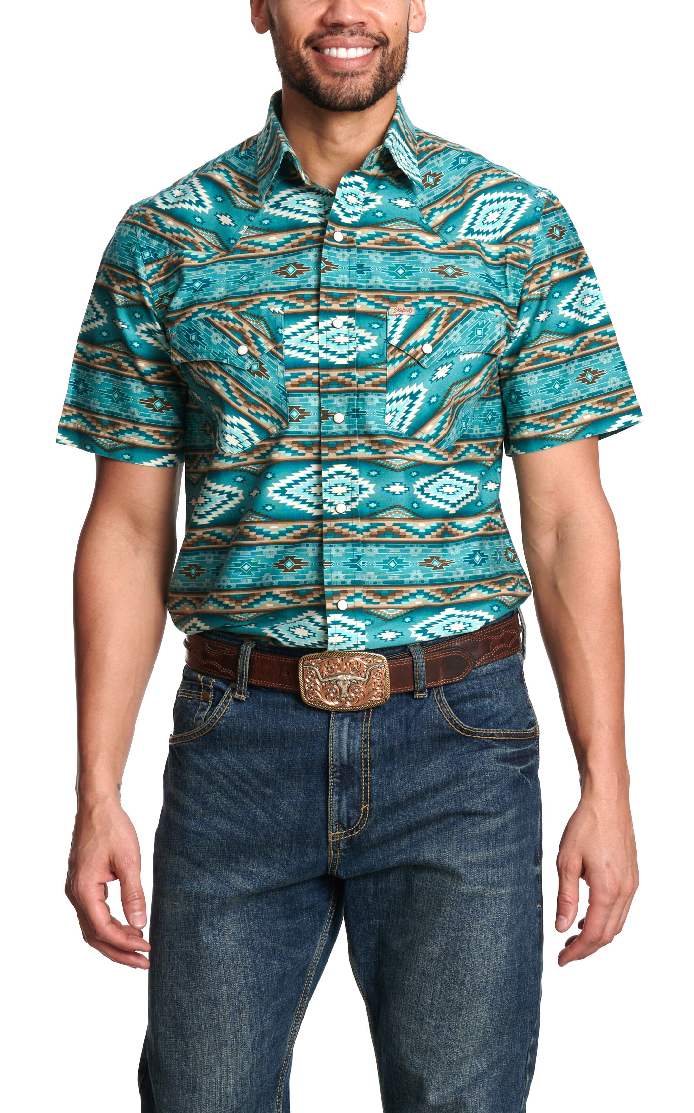 Rafter C Men's Turquoise & Multi-Color Aztec Shirt - Image 1