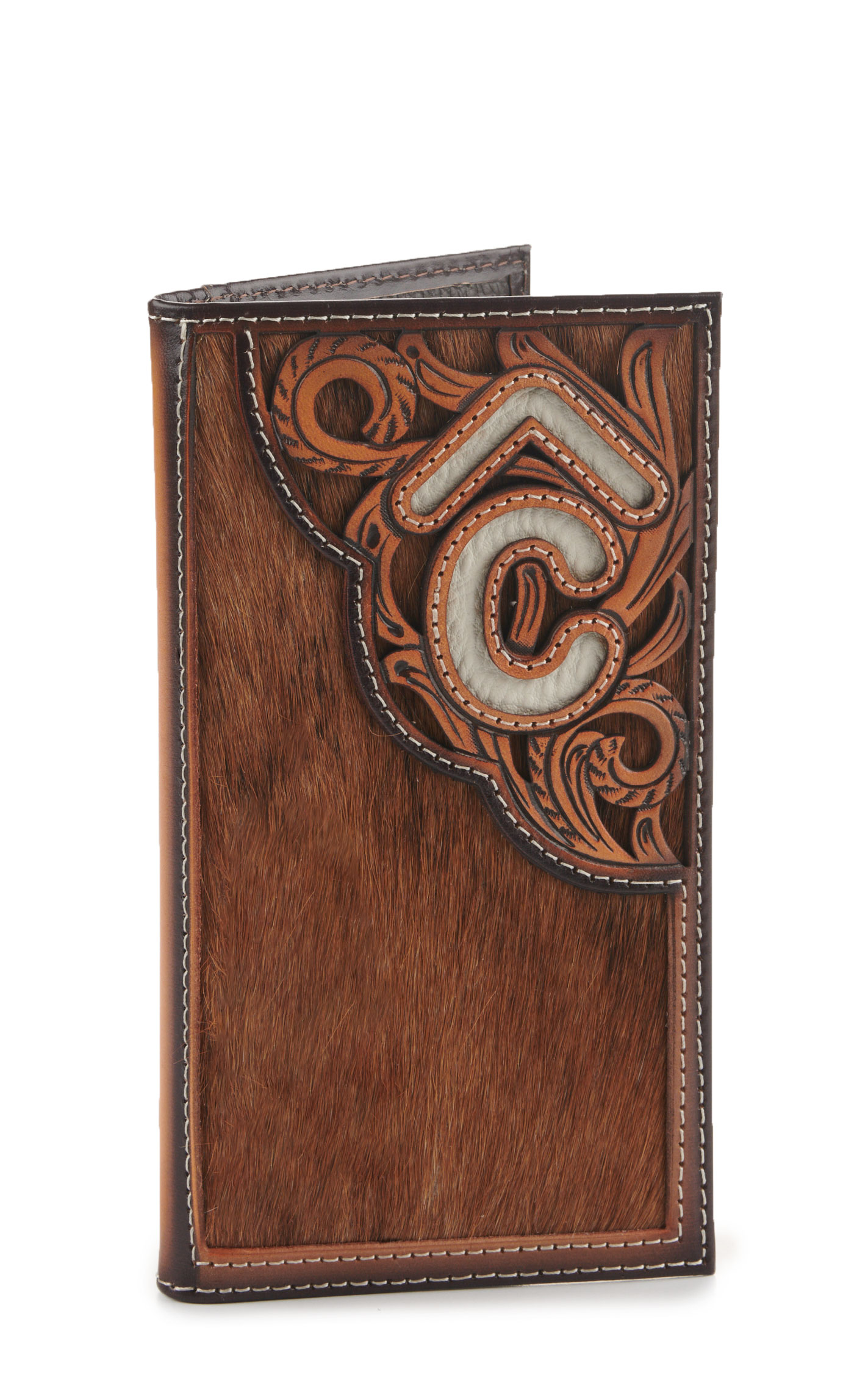 Rafter C Men’s Leather Hair on Hide with Cream Underlay Checkbook Cover Rodeo Wallet - Image 1