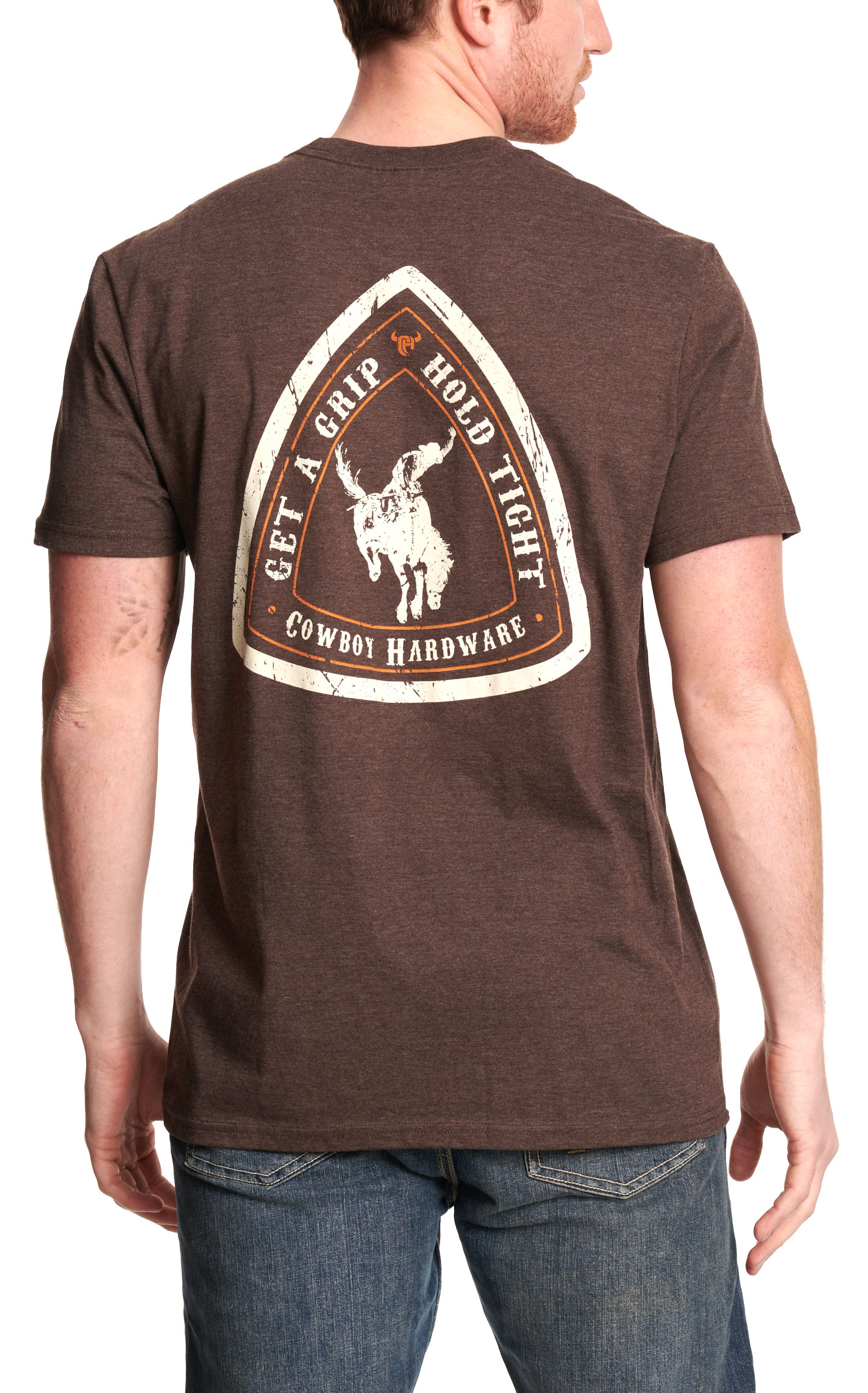 Cowboy Hardware Men's Chocolate Get A Grip Logo Graphic T-Shirt - Image 1