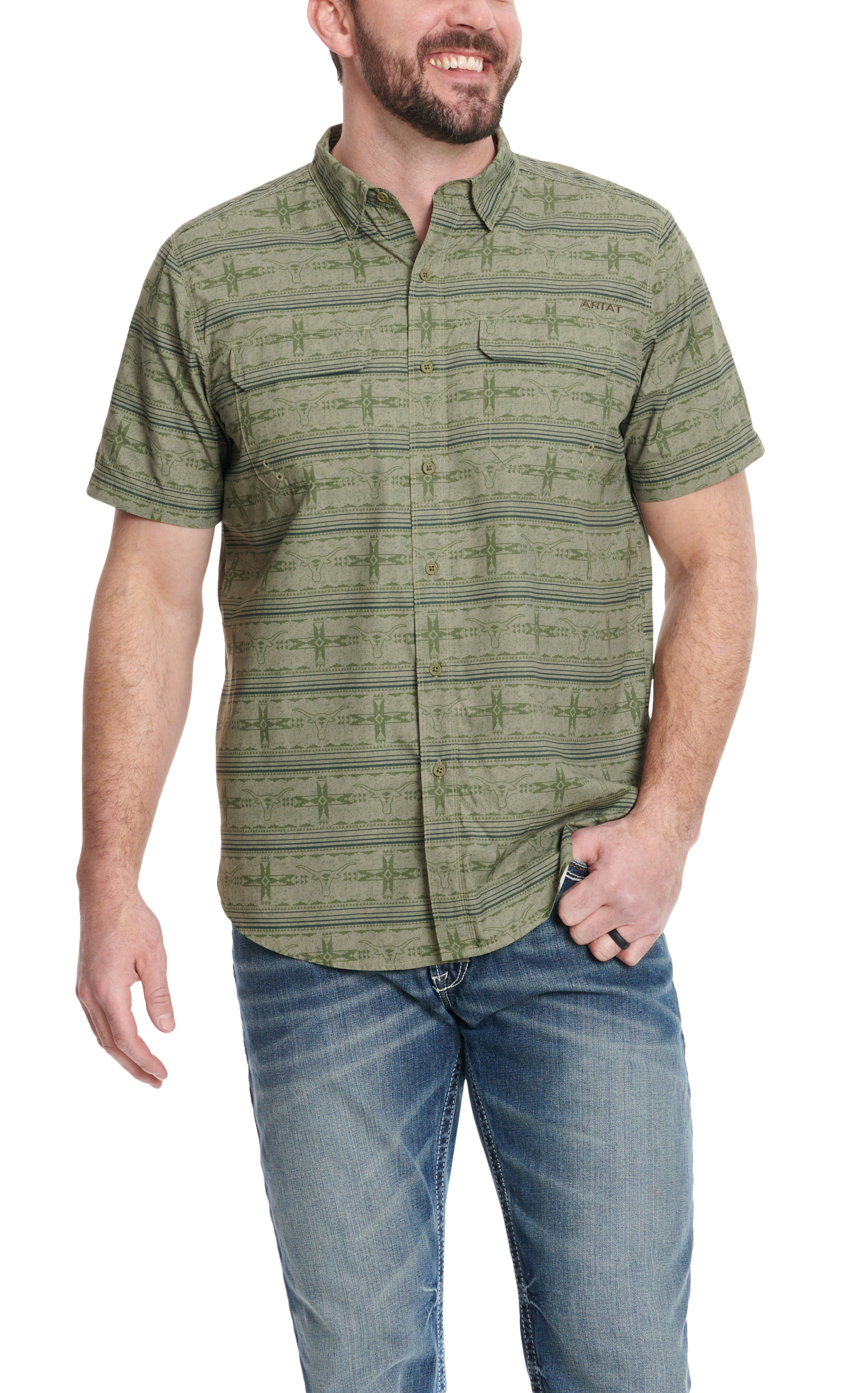 Ariat Men's VentTEK Outbound Shades of Olive Aztec & Longhorn Stripe Short Sleeve Shirt - Image 1