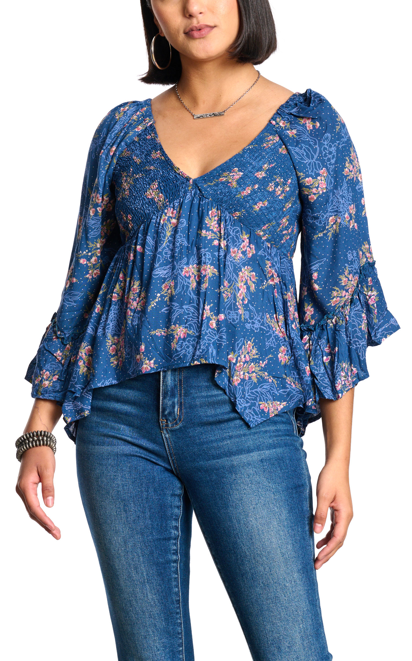 Angie Women's Rich Blue & Pink Floral Print Top - Image 1