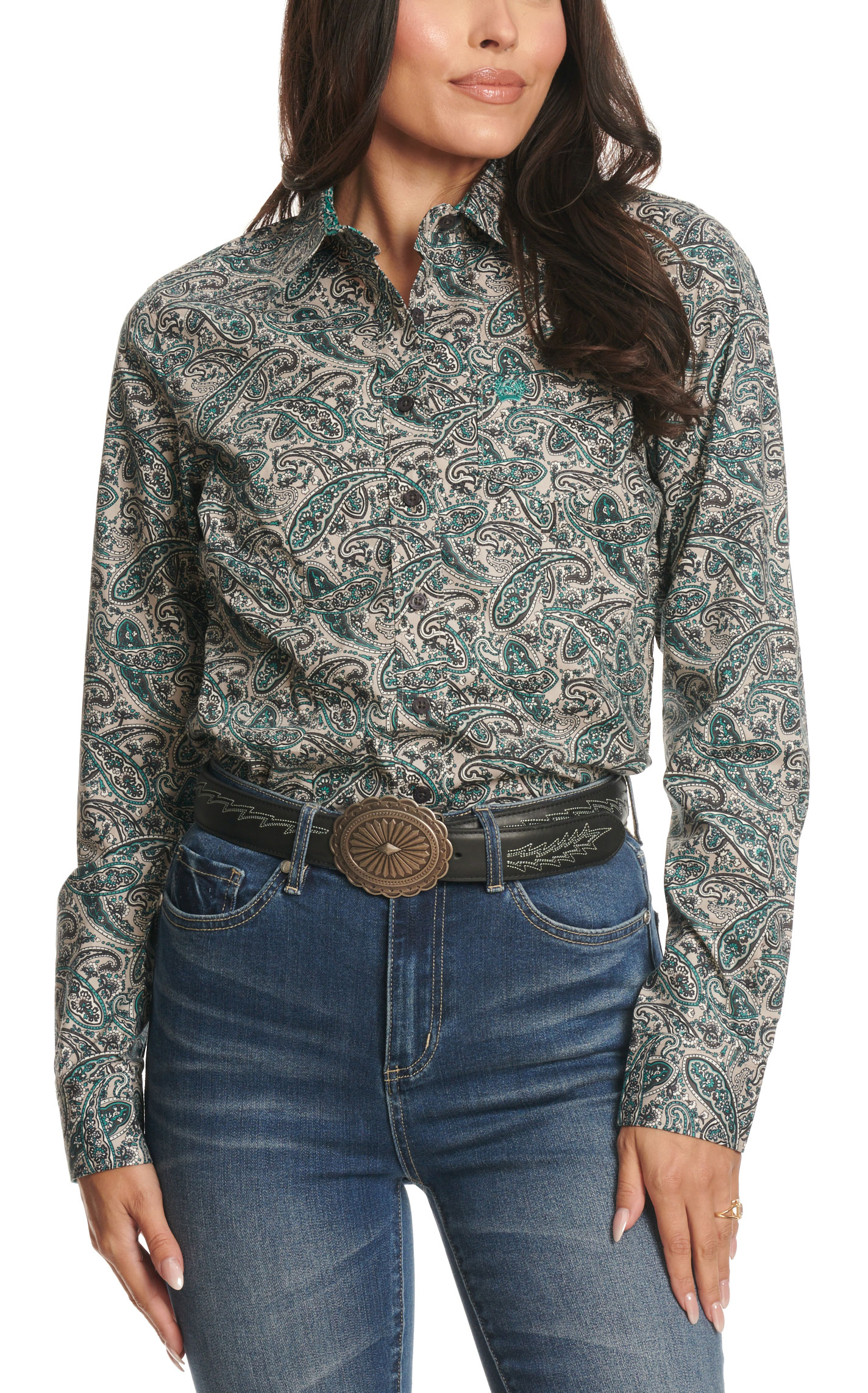 Cinch Women's Gray Teal & Charcoal Paisley Western Shirt - Image 1