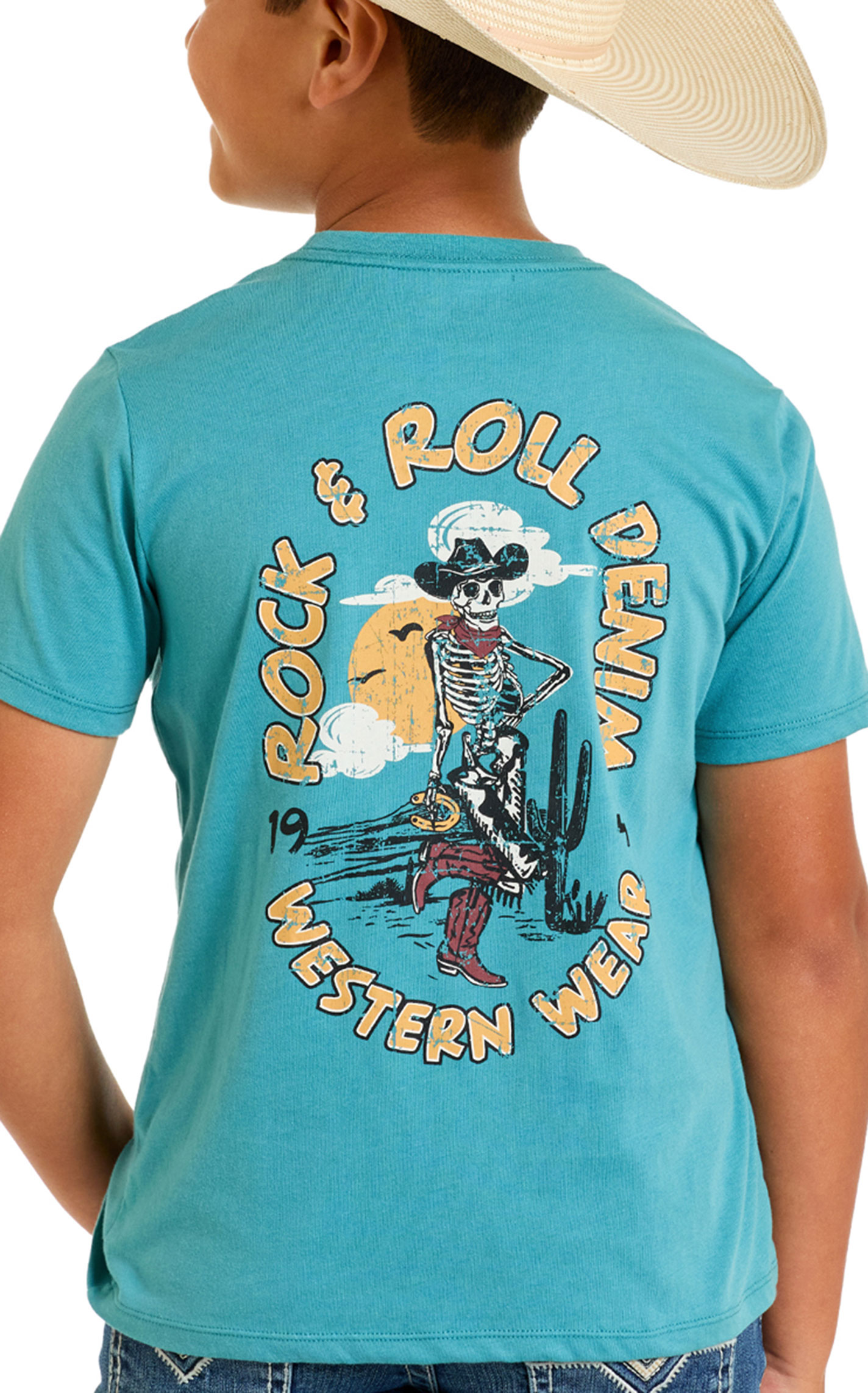 Rock & Roll Denim Boy's Teal Cowboy Skeleton Logo Graphic T-Shirt  - Image 1