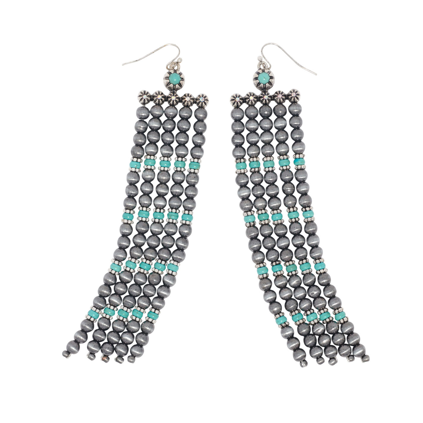 806 by Pink Panache Silver & Turquoise Beaded Fringe Earrings - Image 1