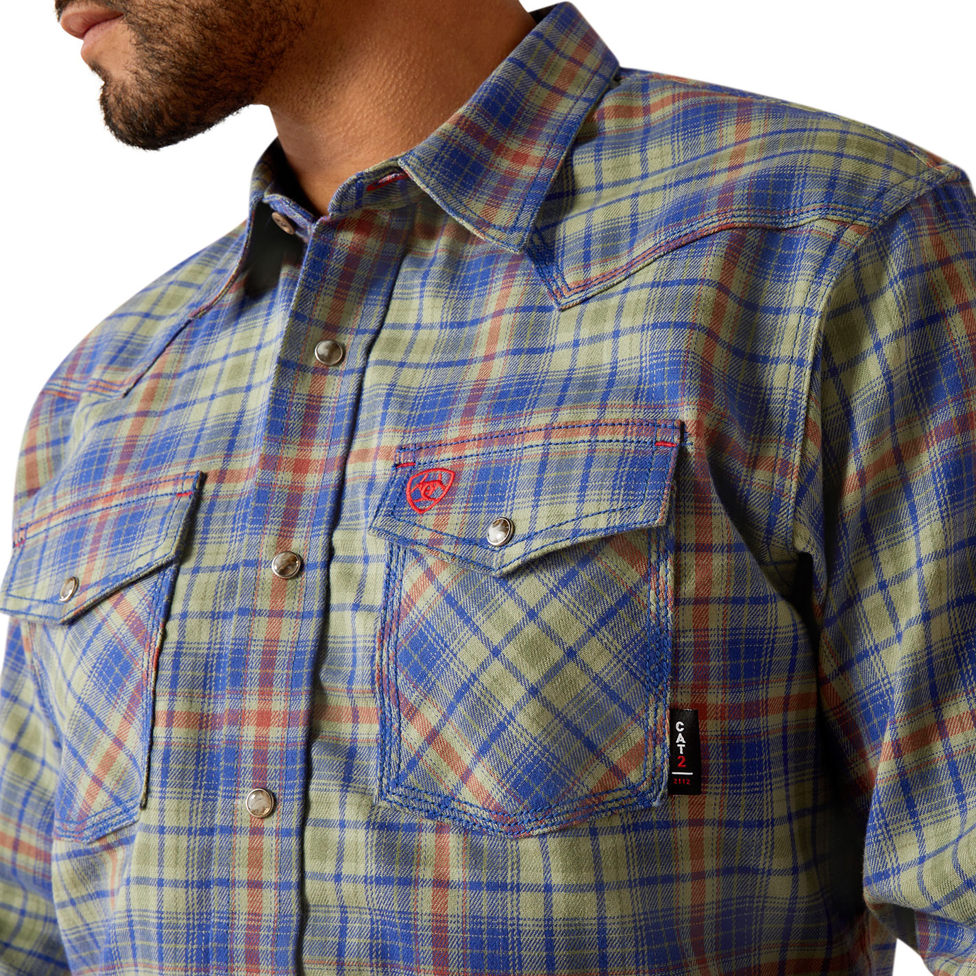 Ariat Men's Wilshire Olive & Blue Plaid FR Work Shirt - Image 1