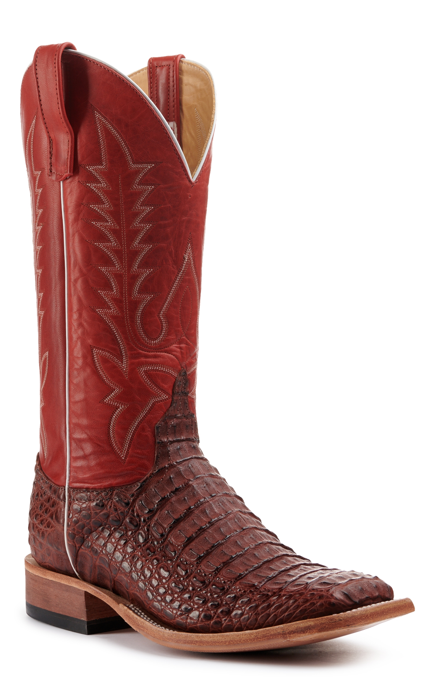 Anderson Bean Men's Rust Lux Hornback Caiman and Red Wide Square Toe Exotic Cowboy Boots - Image 1