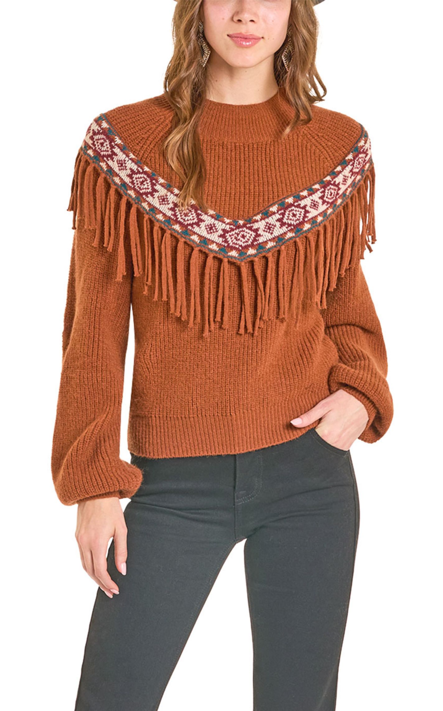 Rock & Roll Denim Women's Burnt Sienna Border Fringe Sweater - Image 1