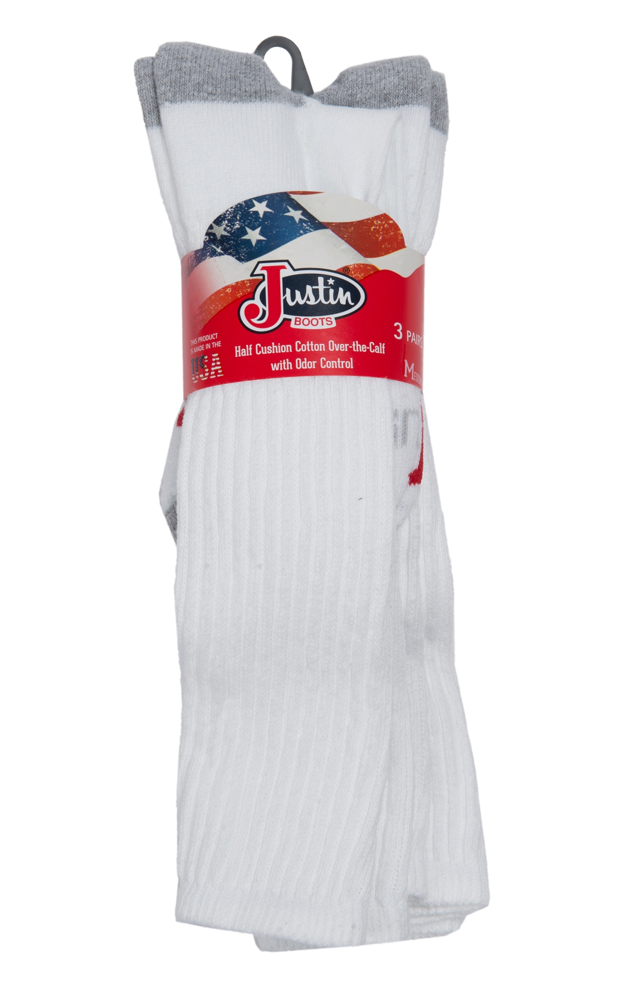 Justin Men's White Half Cushion Cotton Over The Calf with Odor Control 3Pk Boot Socks - L - Image 1
