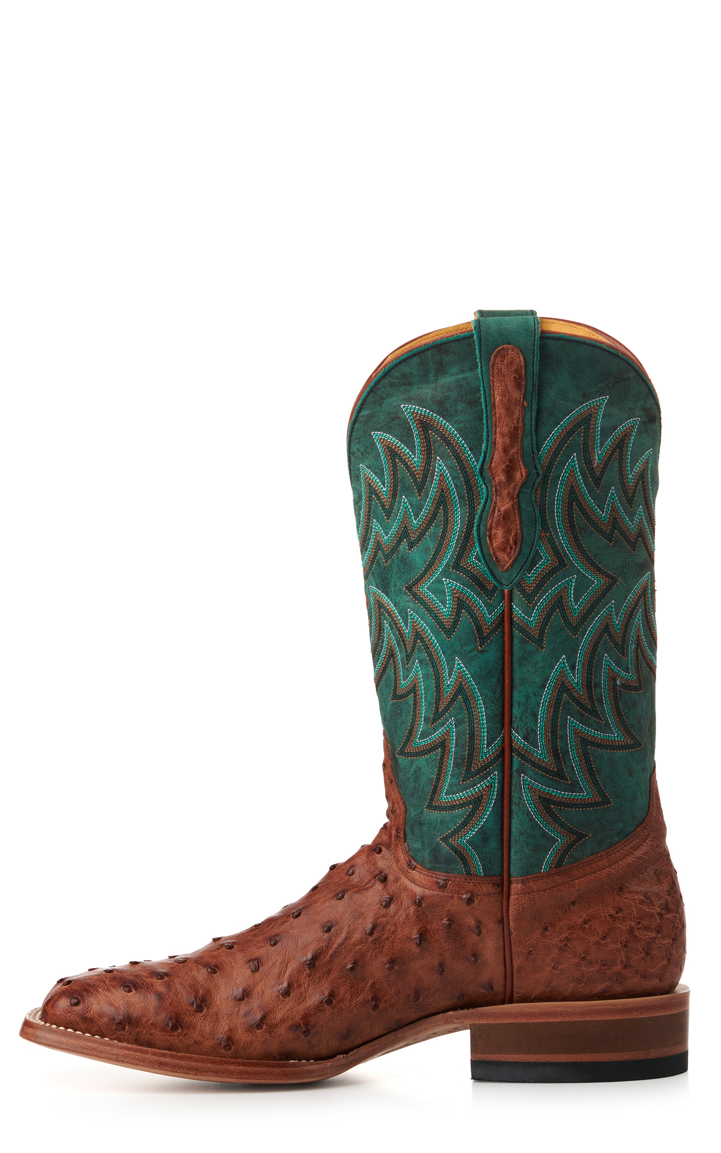 Cavender's Men's Green and Cognac Full Quill Ostrich Rafter C Wide Square Toe Exotic Cowboy Boots - Image 1