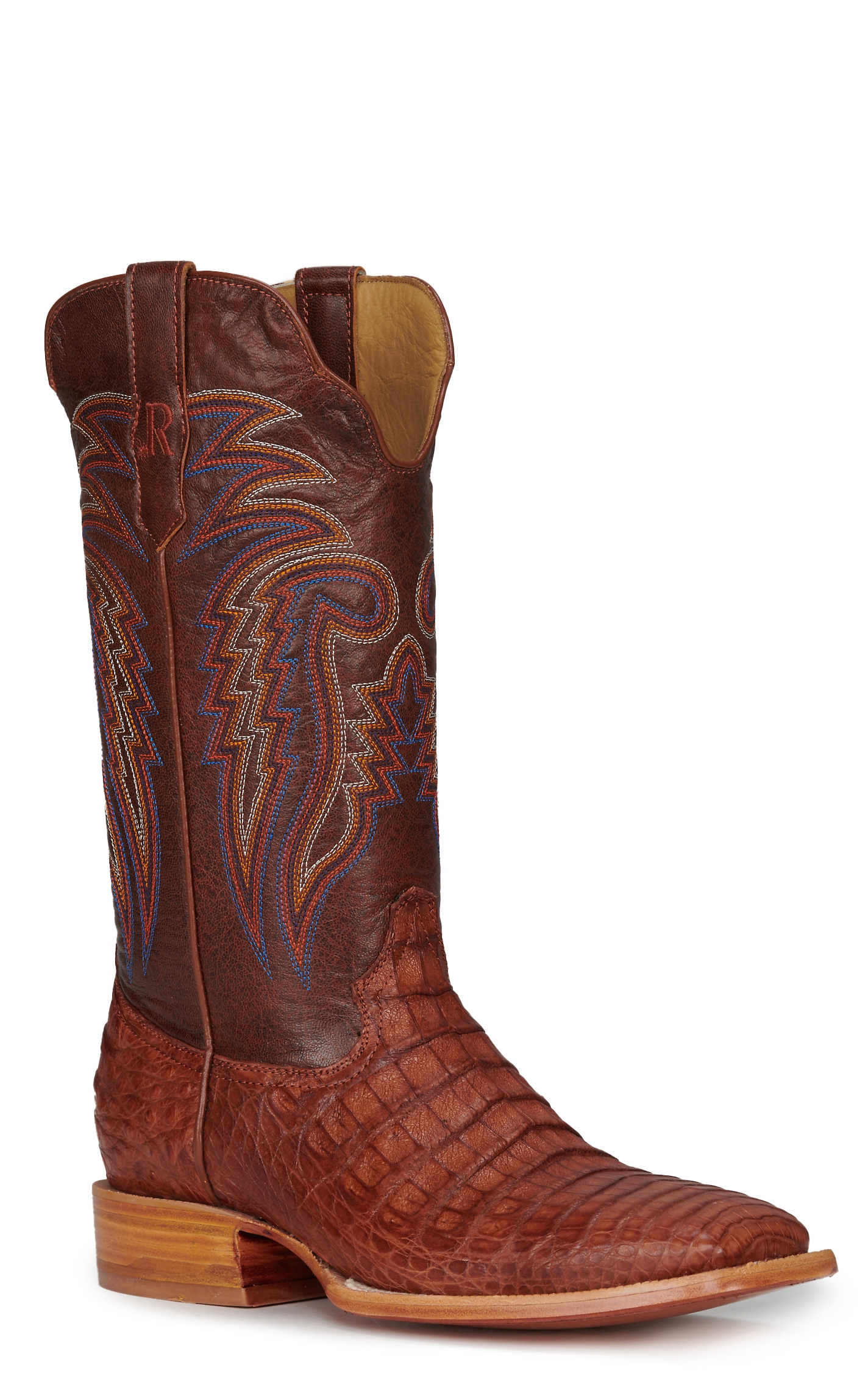 R Watson Men's Antique Cognac Caiman Belly Wide Square Toe Exotic Cowboy Boots - Image 1