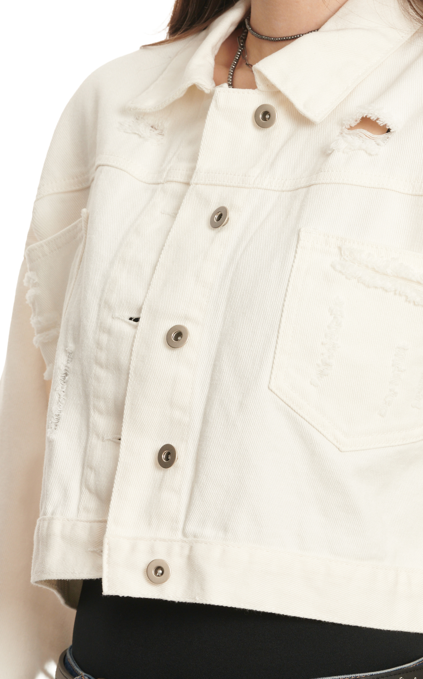 Blue B Women's White Distressed Denim & Metallic Fringe Cropped Jacket - Image 1