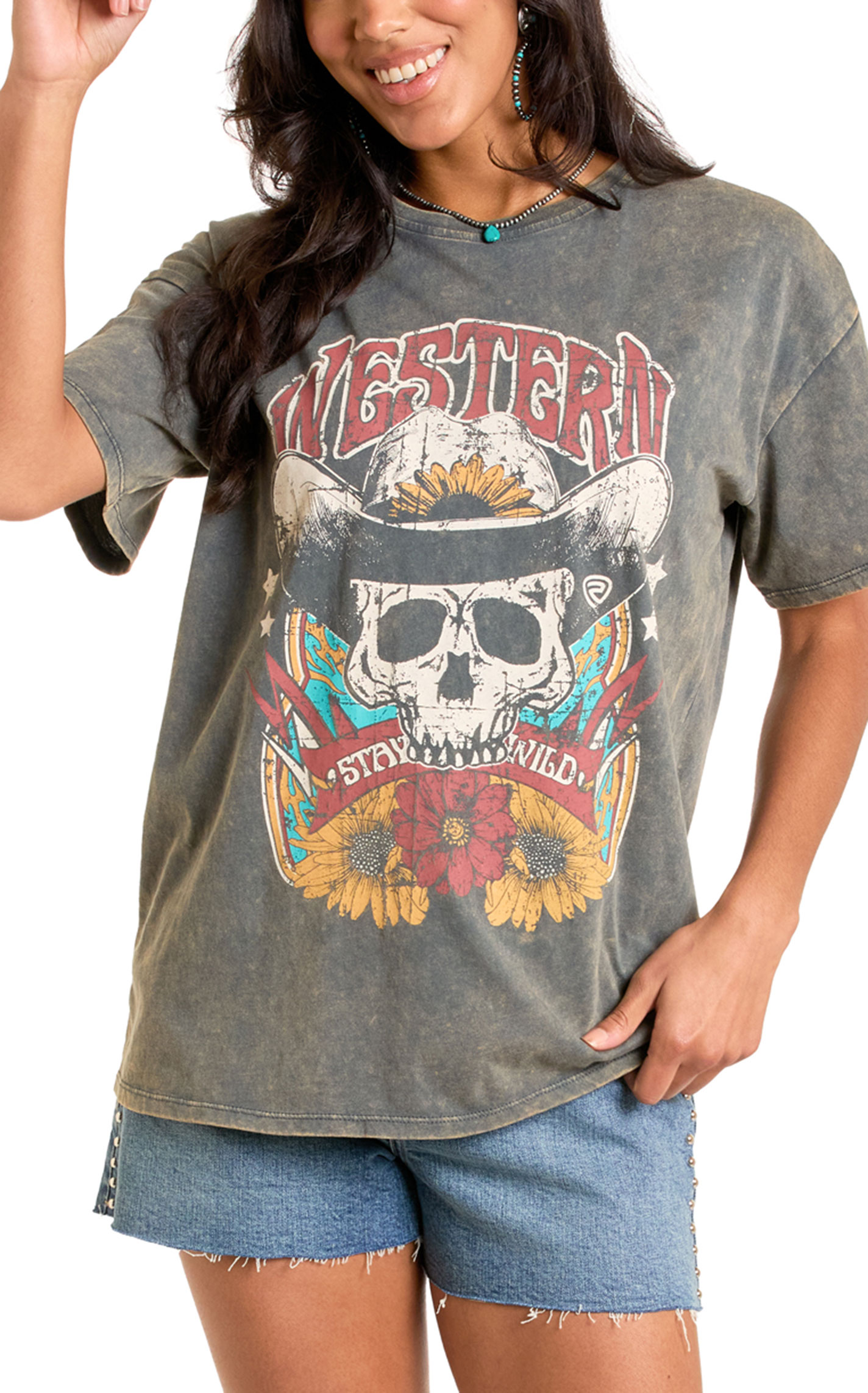 Rock & Roll Denim Women's Washed Denim Skull Print T-Shirt - Image 1