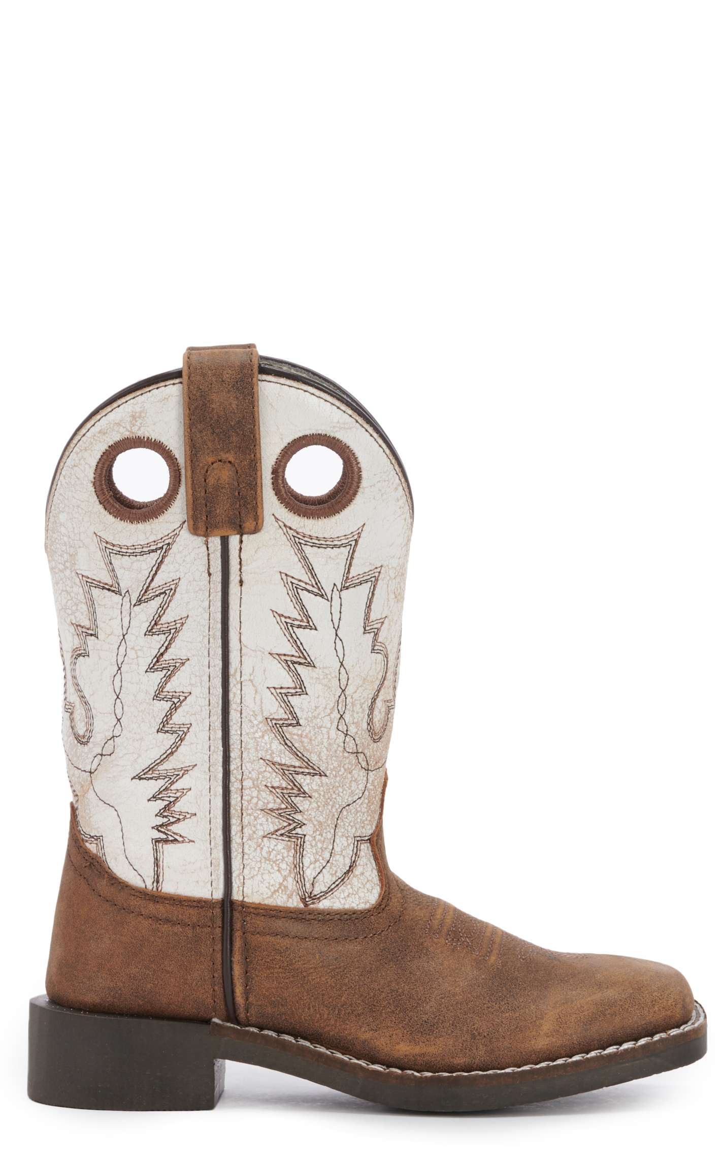 Smoky Mountain Kids Distressed Brown and Antique White Wide Square Toe Cowboy Boots - Image 1