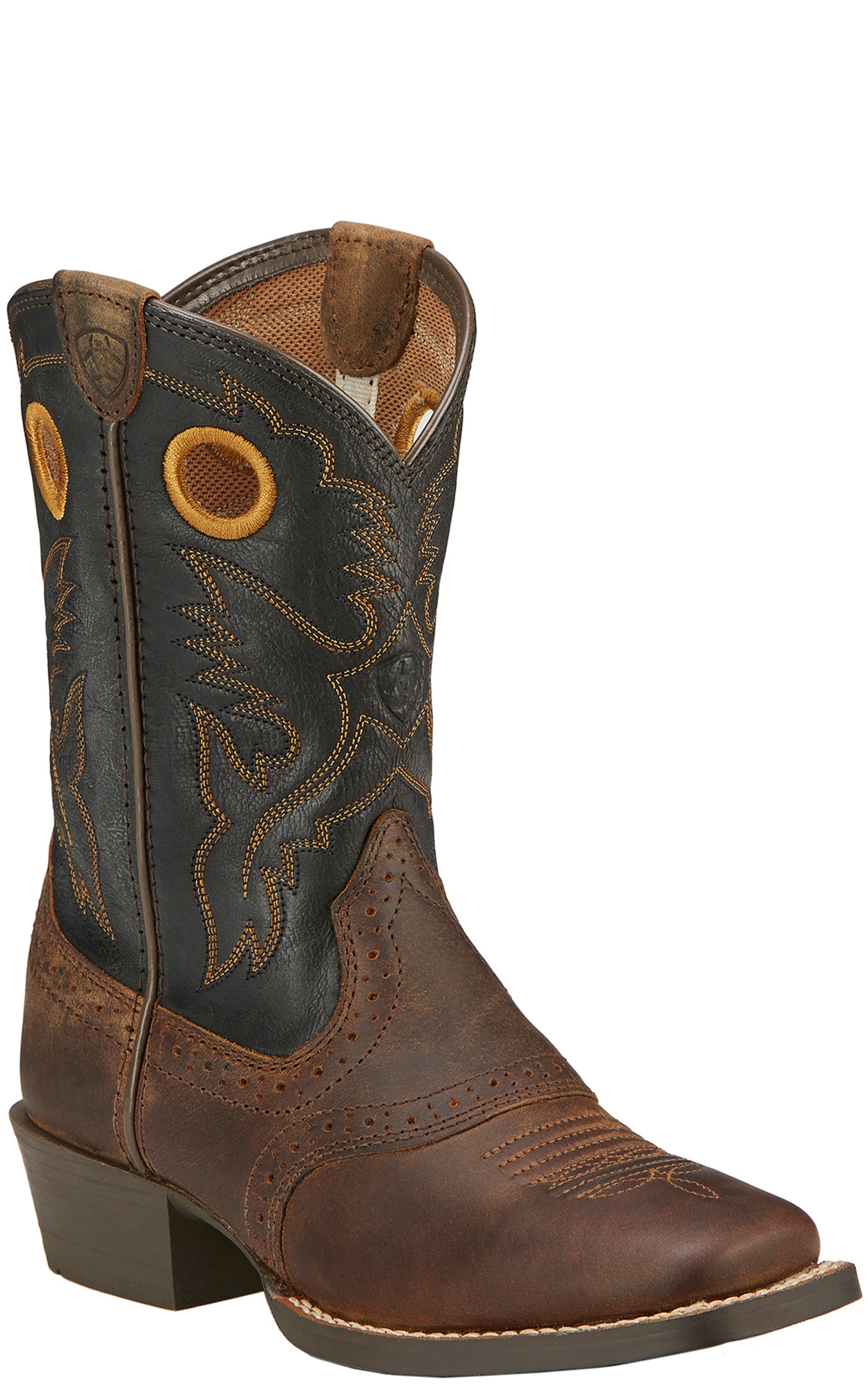 Ariat Youth Roughstock Distressed Brown with Black Square Toe Cowboy Boots - Image 1