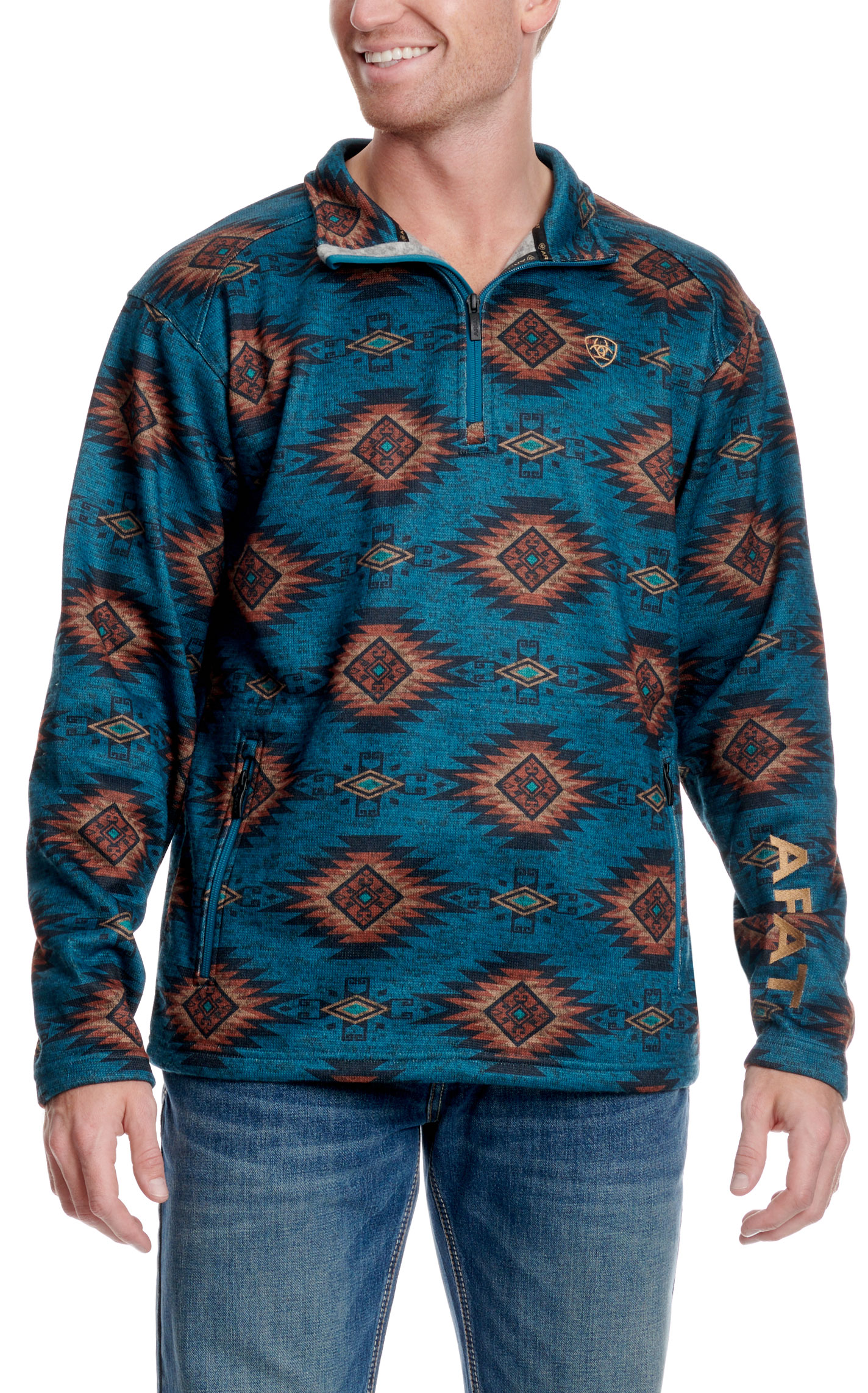 Ariat Men's Caldwell Dark Turquoise & Cinnamon Aztec 1/4 Zip Pullover  - Image 1