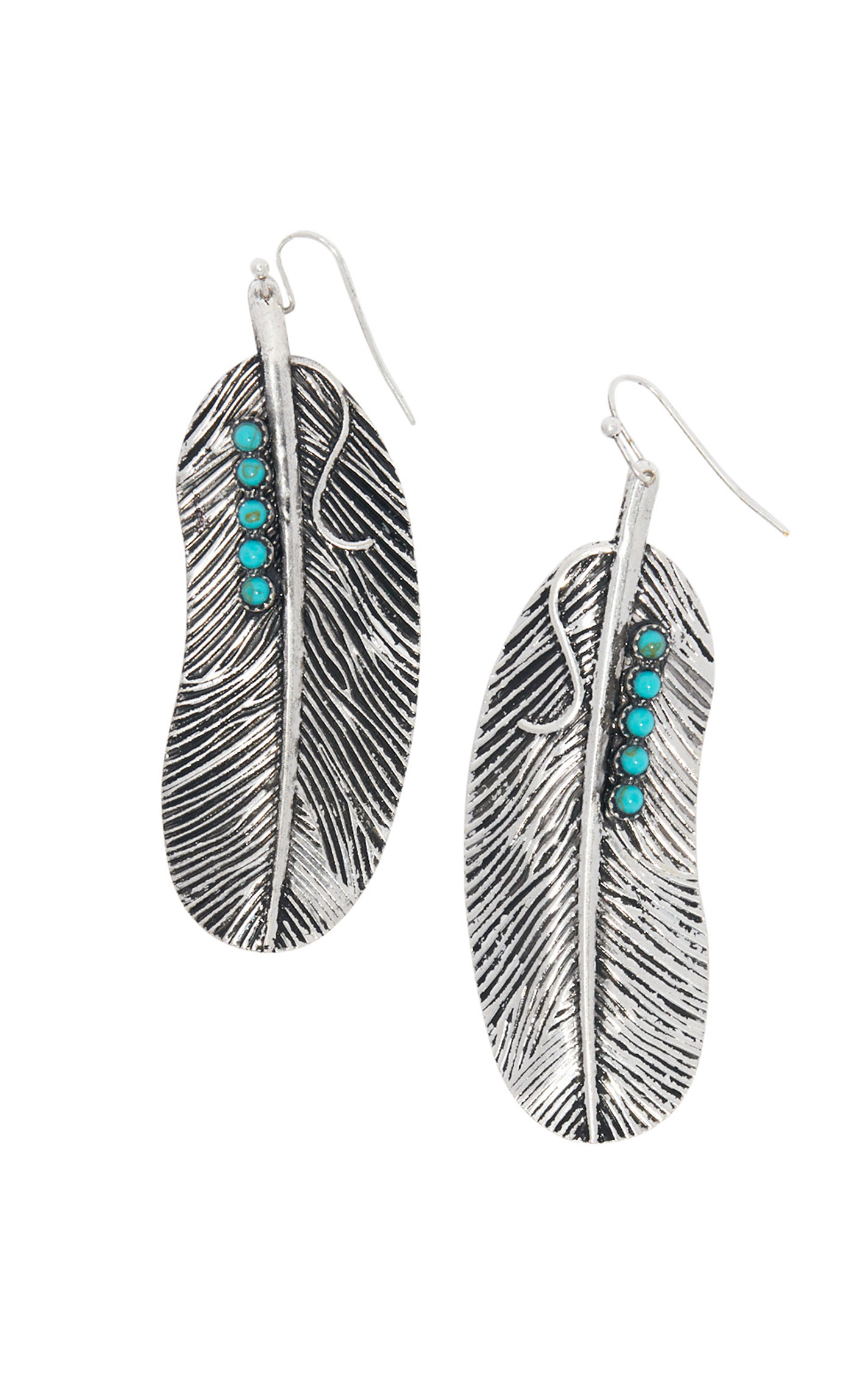 806 Silver Feather & Turquoise Bead Dangle Earrings - Image 1
