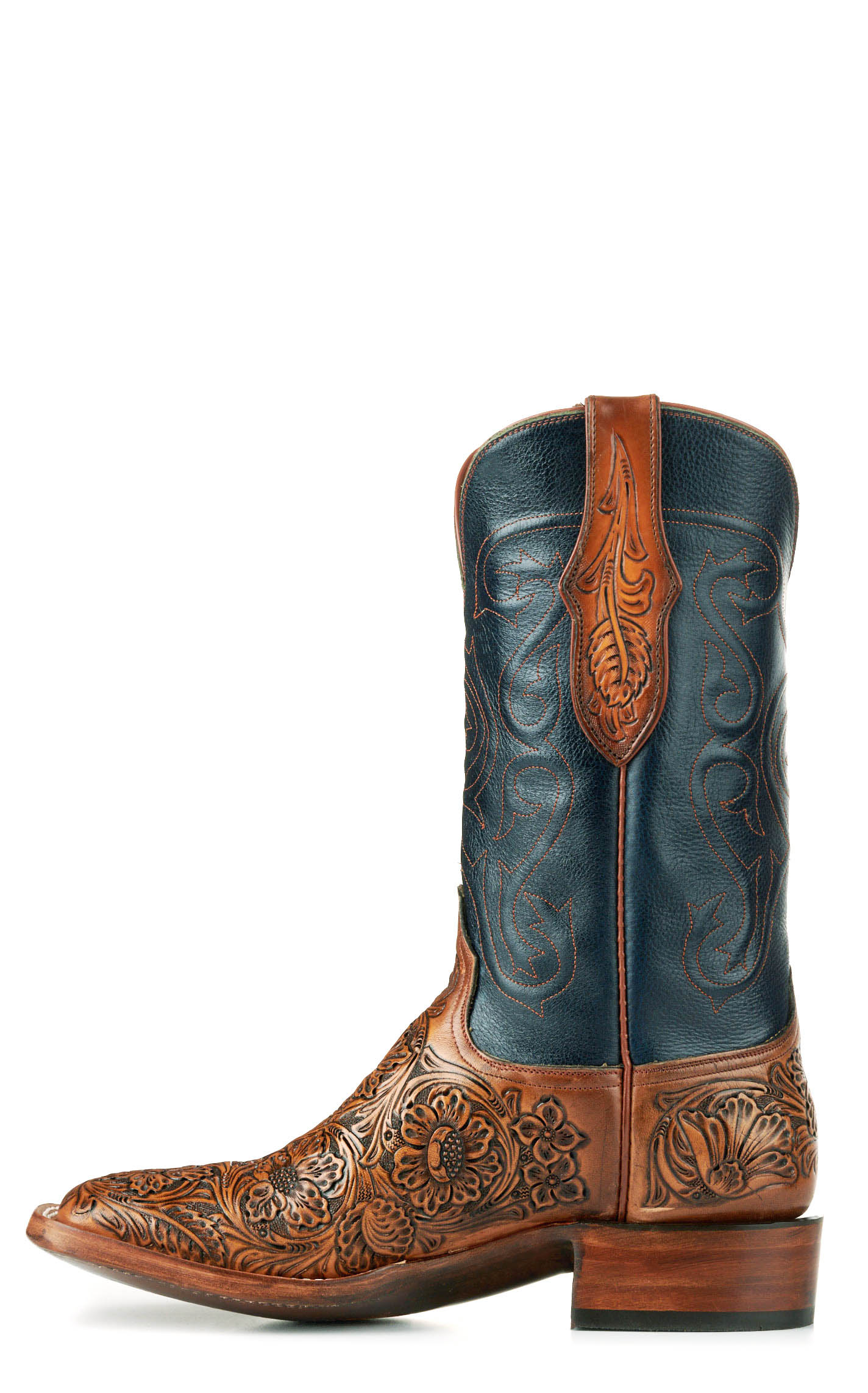 Black Jack Men's Mahogany Tan Hand Tooled and Navy Wide Square Toe Cowboy Boots - Image 1