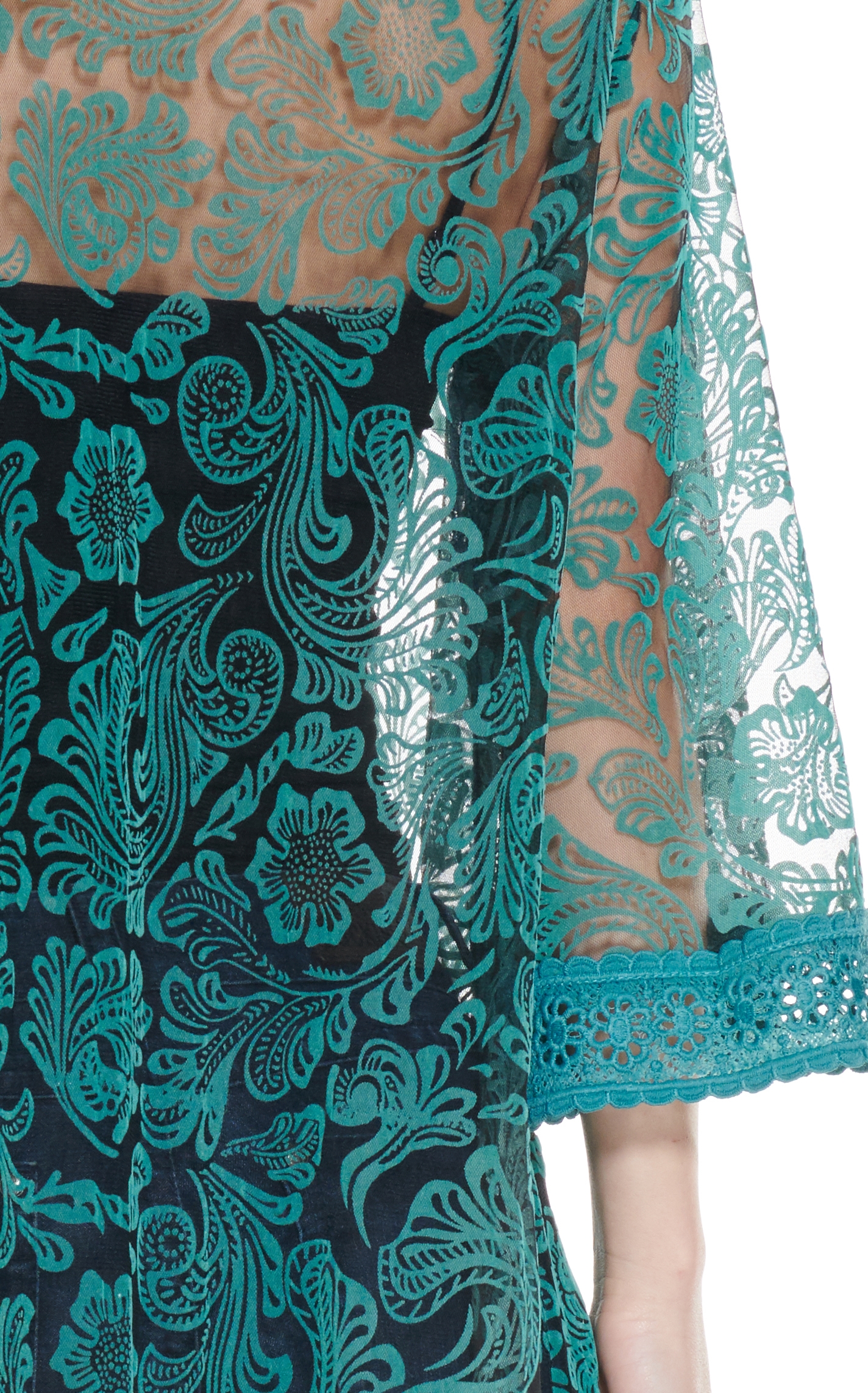 Fashion Express Women's Turquoise Floral Lace 3/4 Bell Sleeve Duster Kimono - Image 1