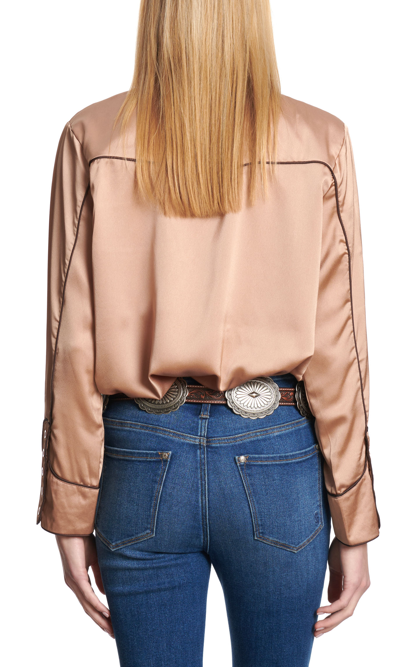 Blue B Women's Tan Satin Western Top with Brown Piping - Image 1