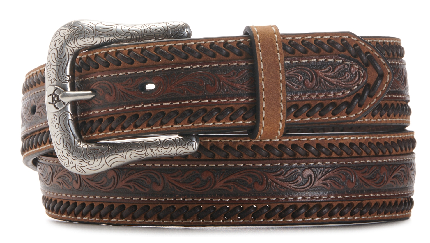 Ariat Men's Brown Leather Floral Tooled Stitched Western Belt - Image 1