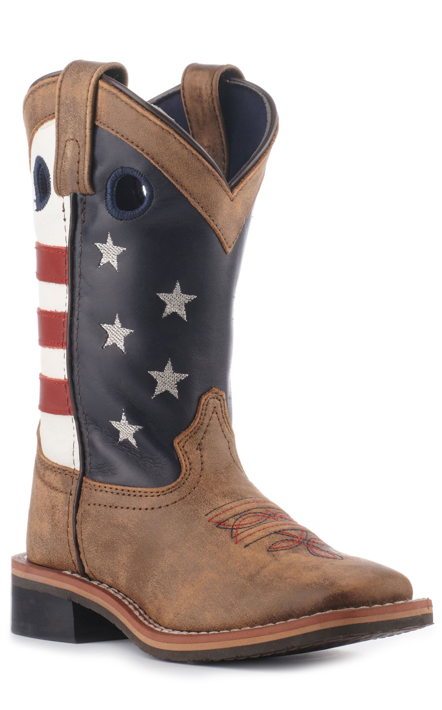 Smoky Mountain Youth Distressed Brown and USA Flag Square Toe Cowboy Boots - Image 1