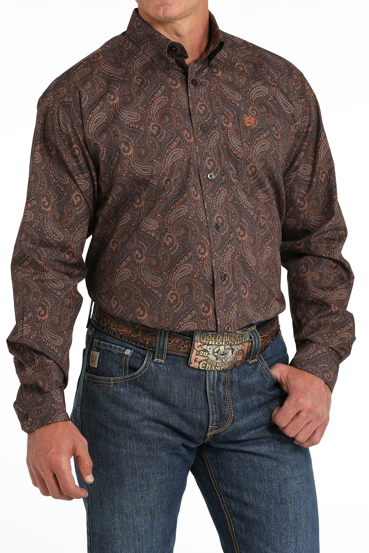 Cinch Men's Chocolate & Gold Paisley Western Shirt - Image 1