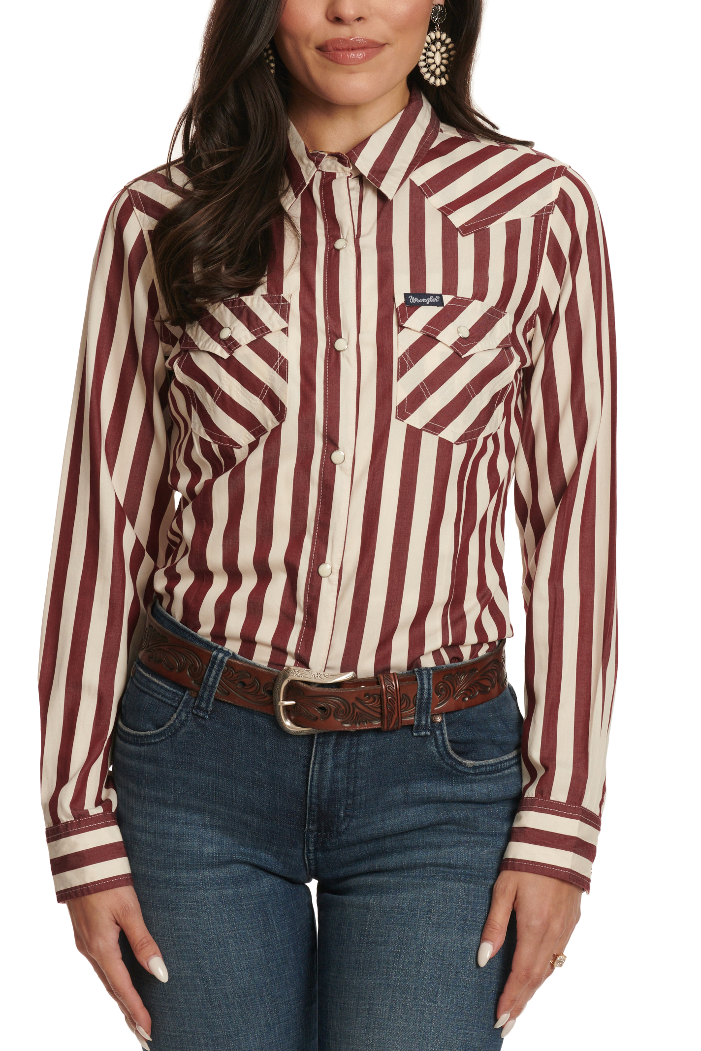 Wrangler Retro Women's Burgundy & White Striped Western Shirt - Image 1