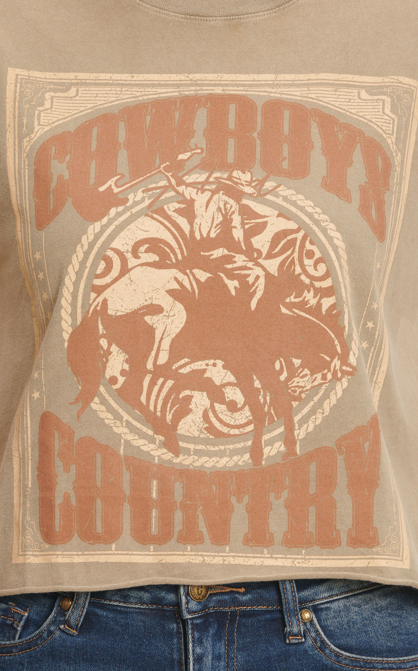 Refined Canvas Women's Mocha Latte Cowboys Country Graphic Short Sleeve Cropped T-Shirt - Image 1