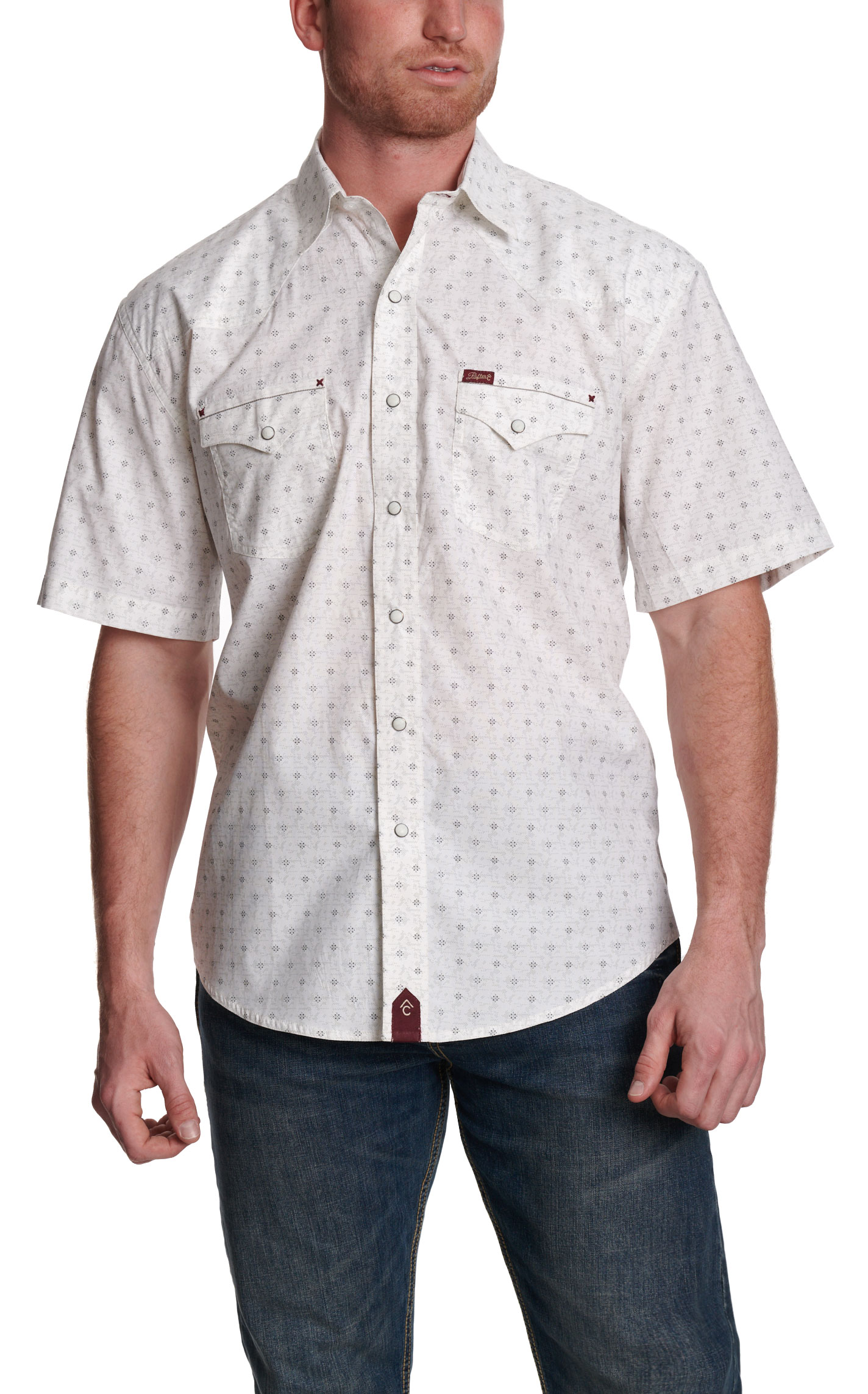 Rafter C Red Dirt Men’s White Geo Print Short Sleeve Pearl Snap Western Shirt - Image 1