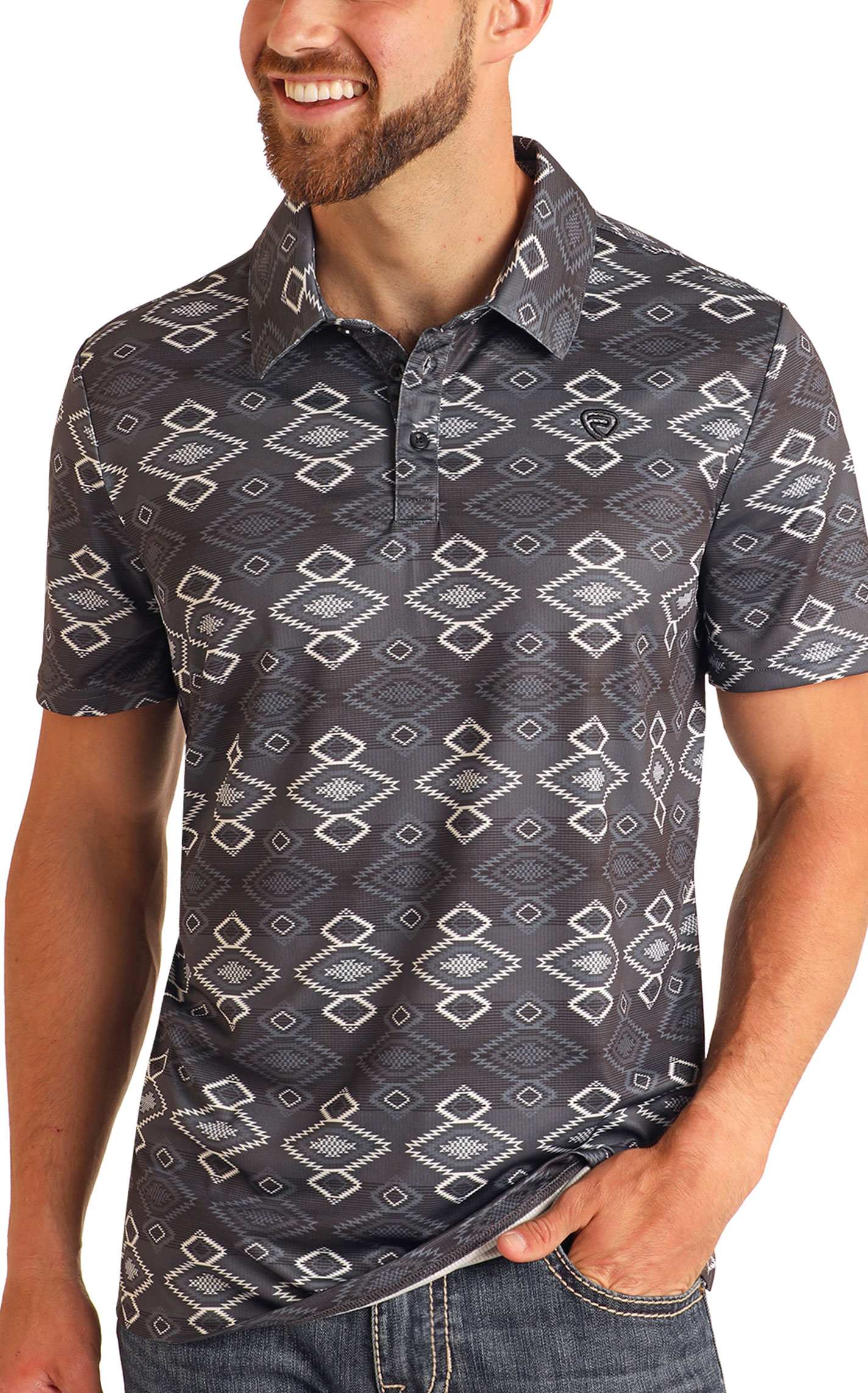 Rock & Roll Men's Black And Gray Aztec Print Polo - Image 1