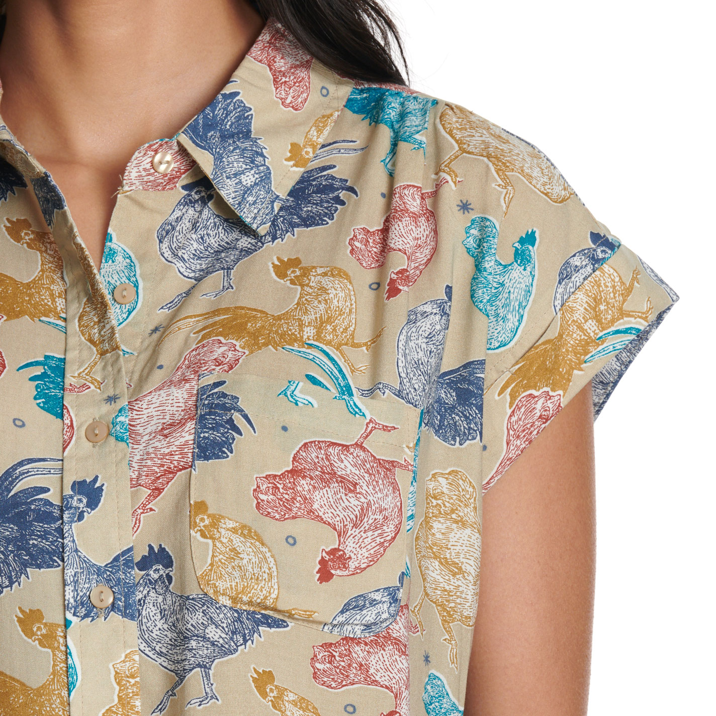 Cotton & Rye Women’s Taupe Colorful Rooster Print Top - Image 2