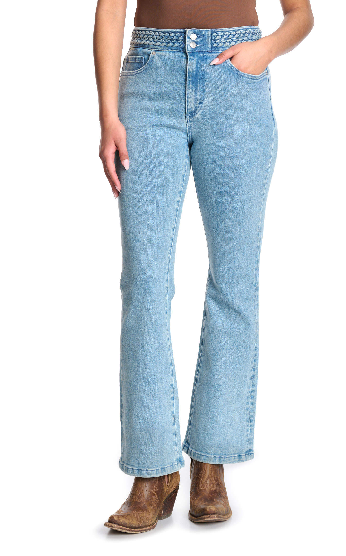 Mica Women's Light Wash Braided Waist Boot Cut Leg Jeans - Image 1