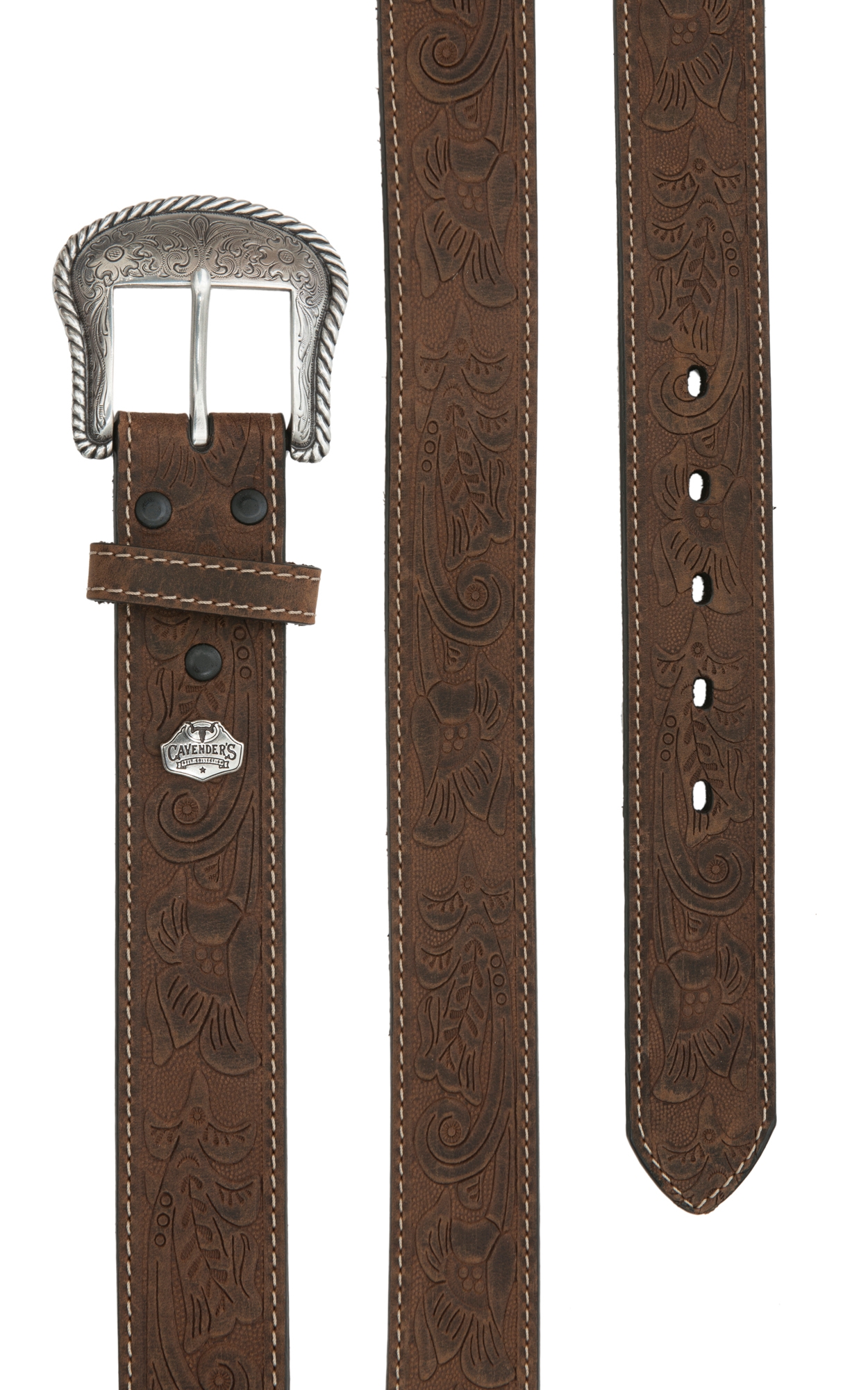 Cavender's Men's Brown Tooled Leather with Etched Silver Buckle Western Belt - Image 1