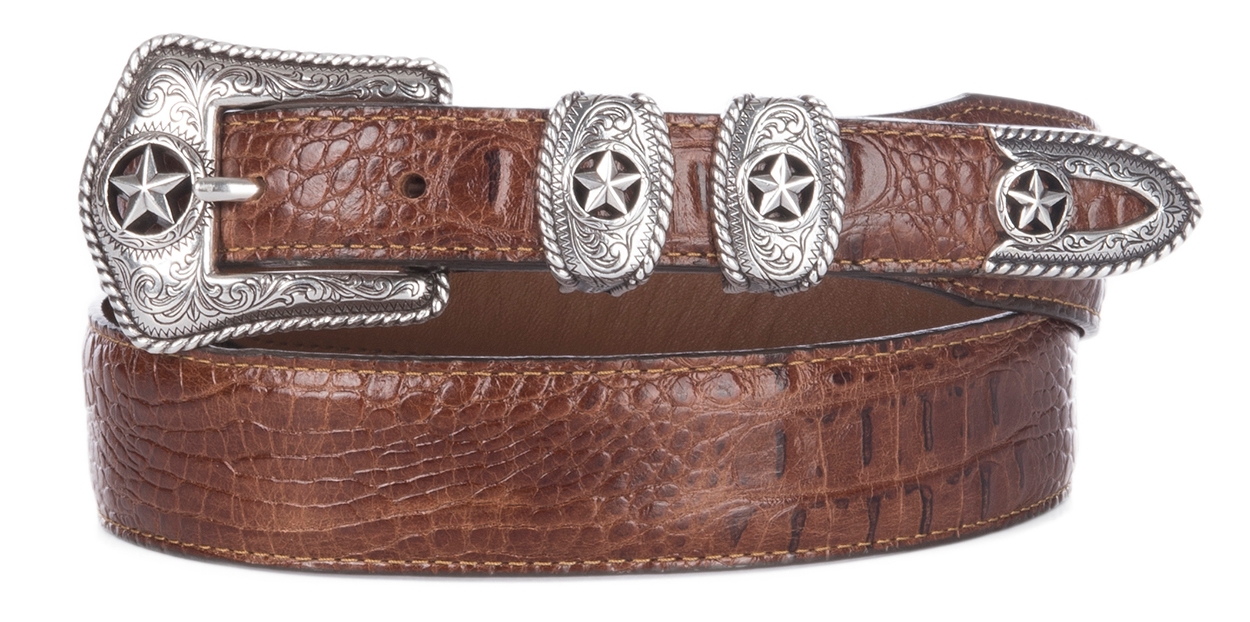 Tony Lama Men's Tan Country Crocodile Print with Silver Star Detailing Western Belt - Image 1