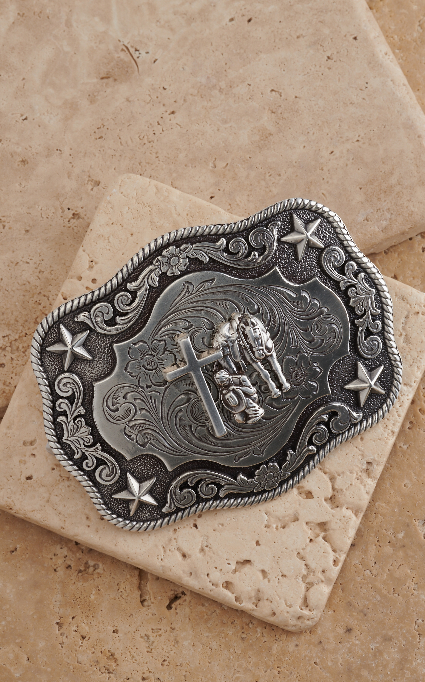 Nocona Silver Praying Cowboy Rectangle Belt Buckle - Image 1