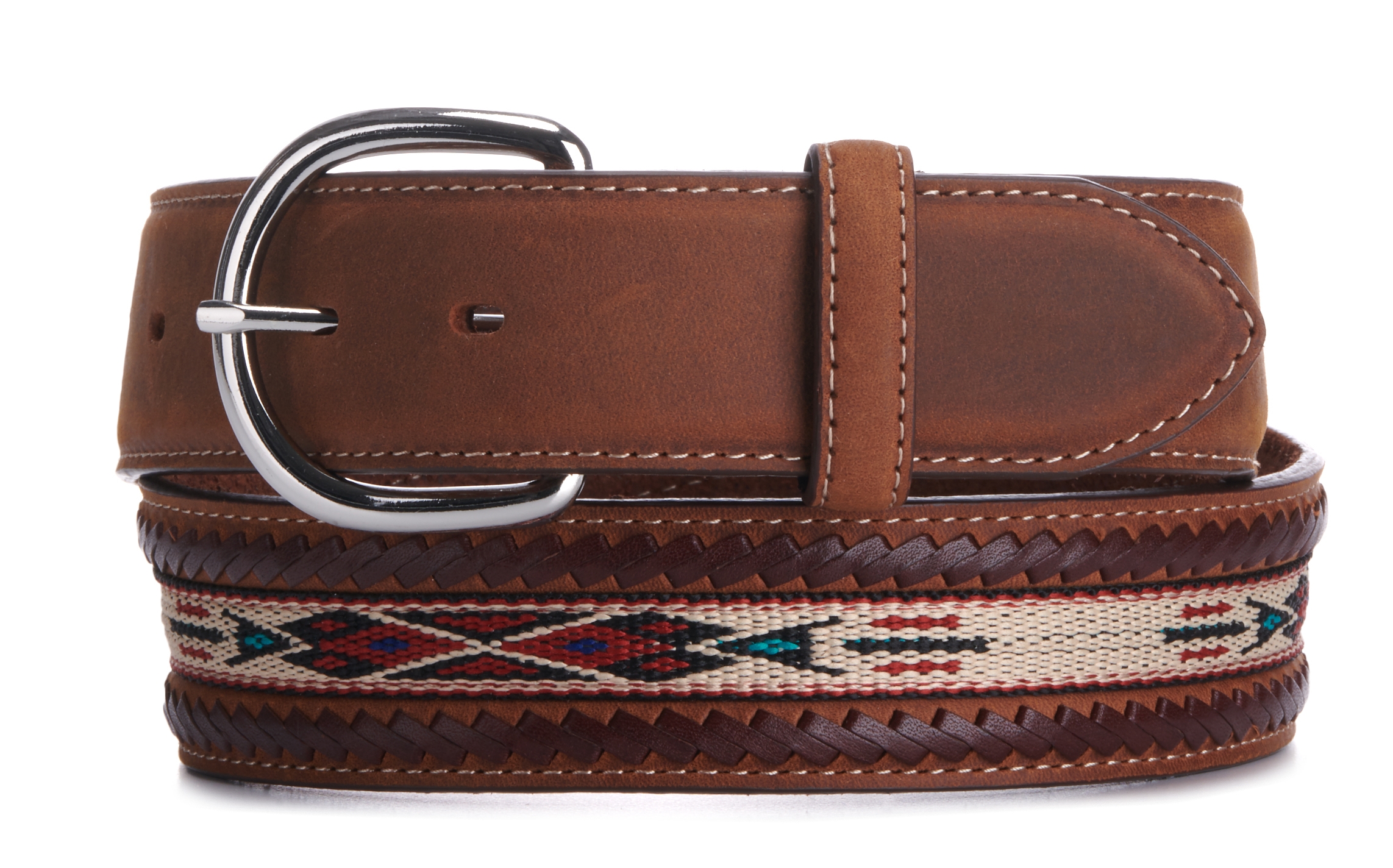 Tony Lama Men's Tan with Embroidered Aztec Pattern and Dark Brown Laced Edge Western Belt - Image 1
