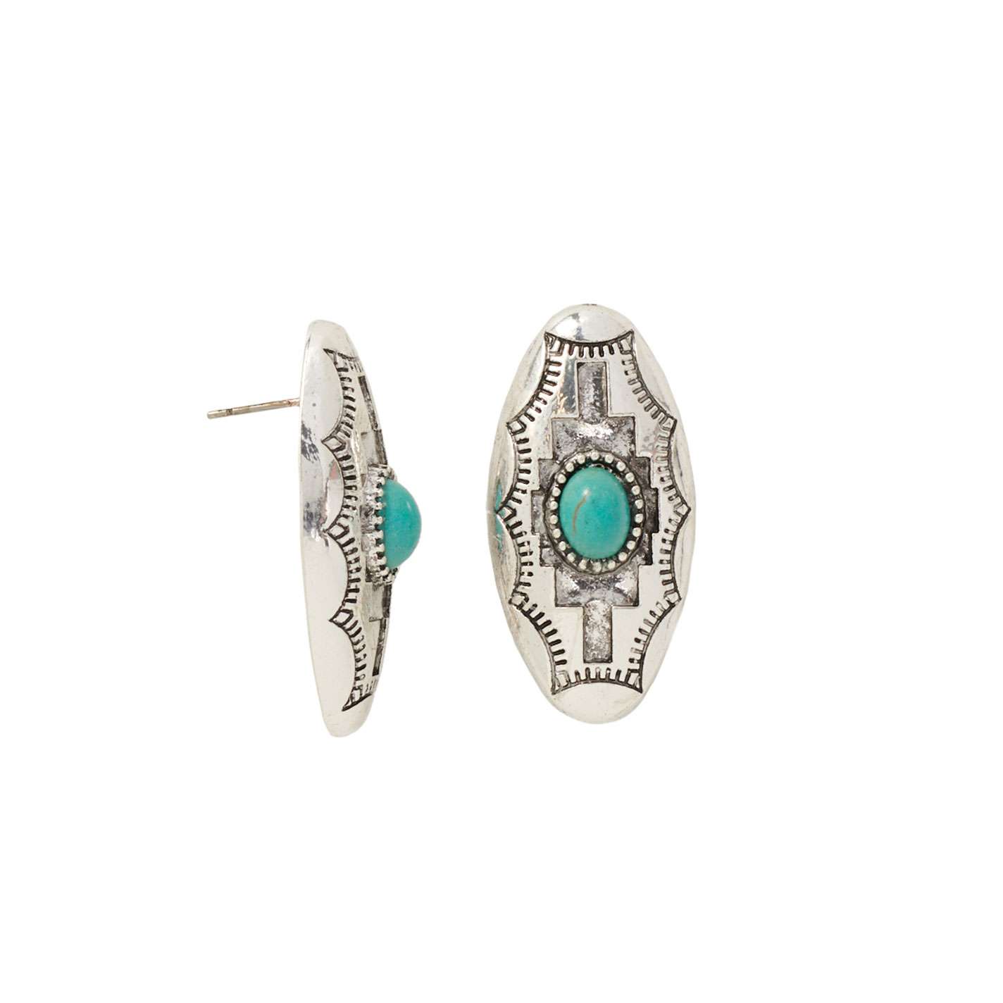 Southern Grace Silver & Turquoise Aztec Oval Earrings  - Image 1