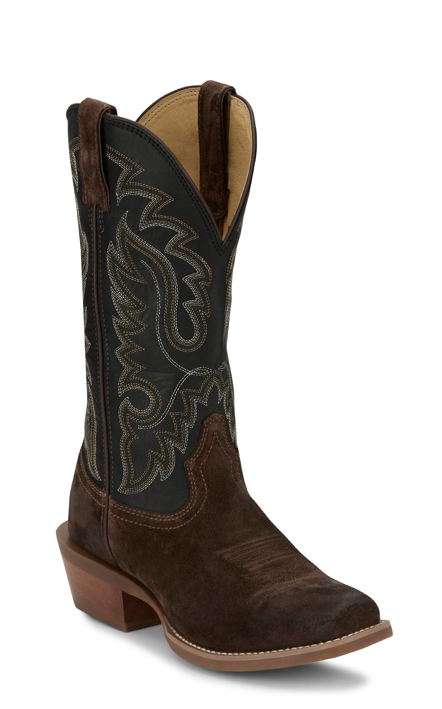 Justin Men’s Frontier Brown Suede & Black Goat Punchy Toe Cowboy Boots - Image 1