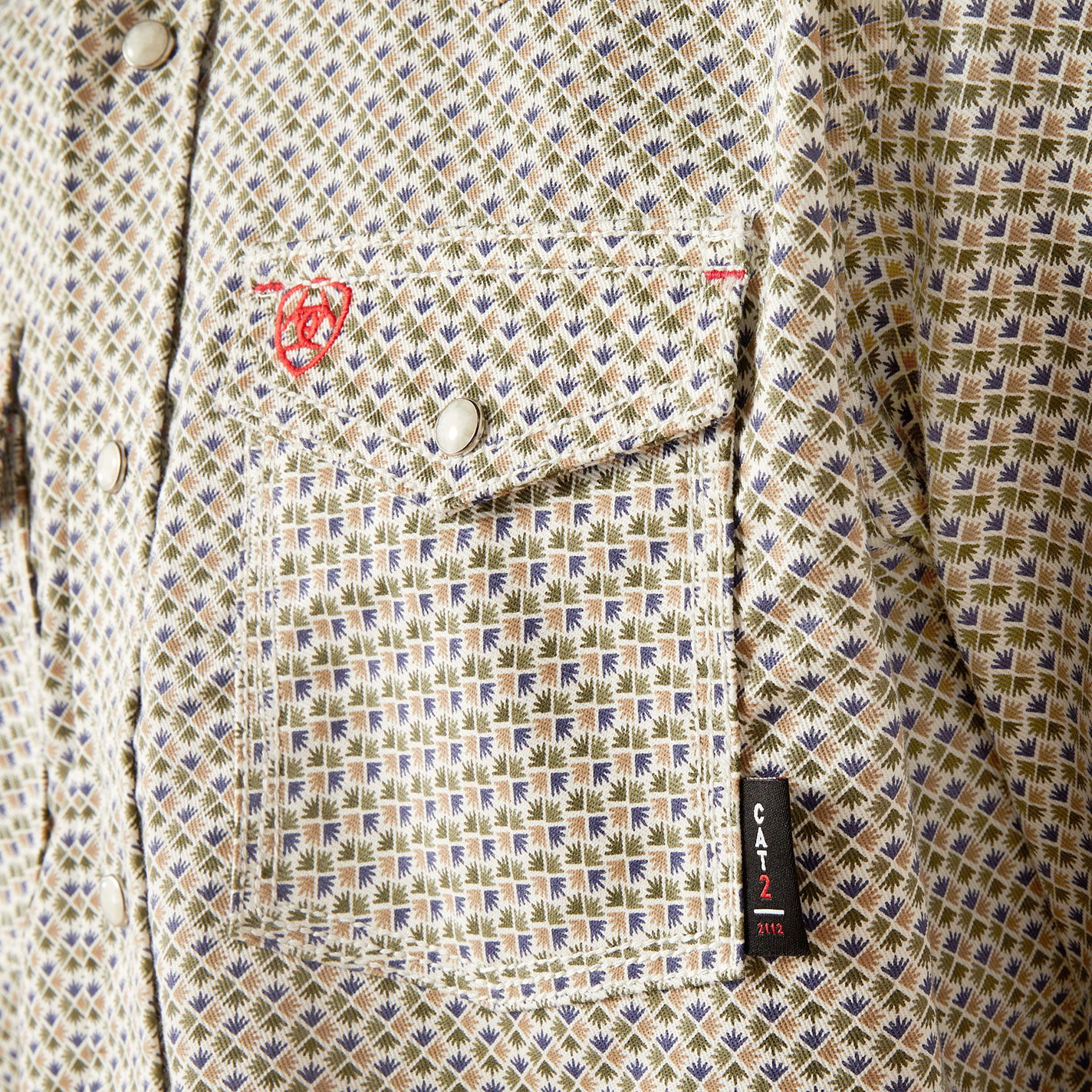 Ariat Men's Venice Olive & Marigold Geo FR Work Shirt - Image 1
