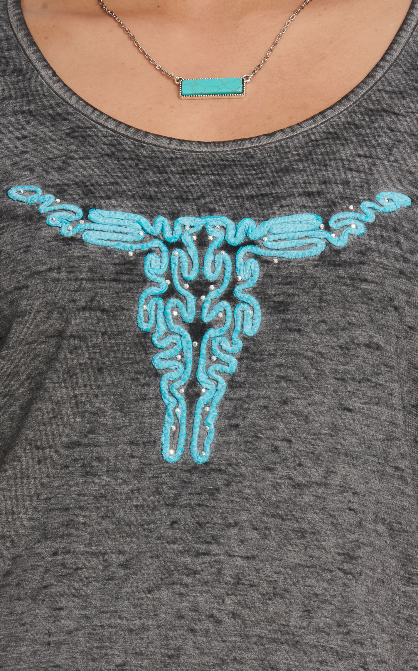 Cowgirl Hardware Women's Soft Charcoal & Turquoise Swirling Skull T-Shirt - Image 1