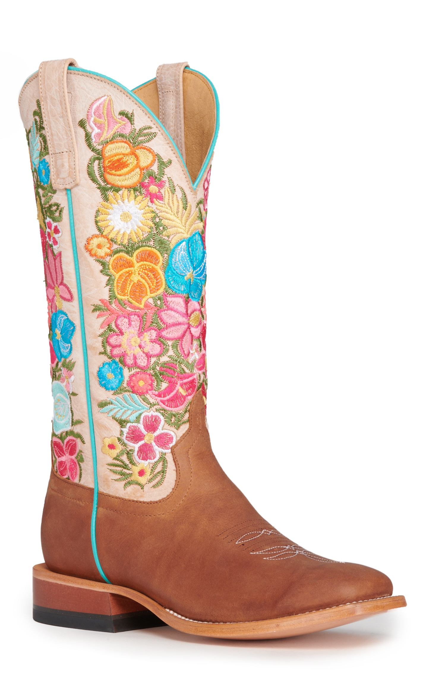 Anderson Bean Women's Macie Bean Cognac and Bone with Floral Embroidery Wide Square Toe Cowboy Boots - Image 1